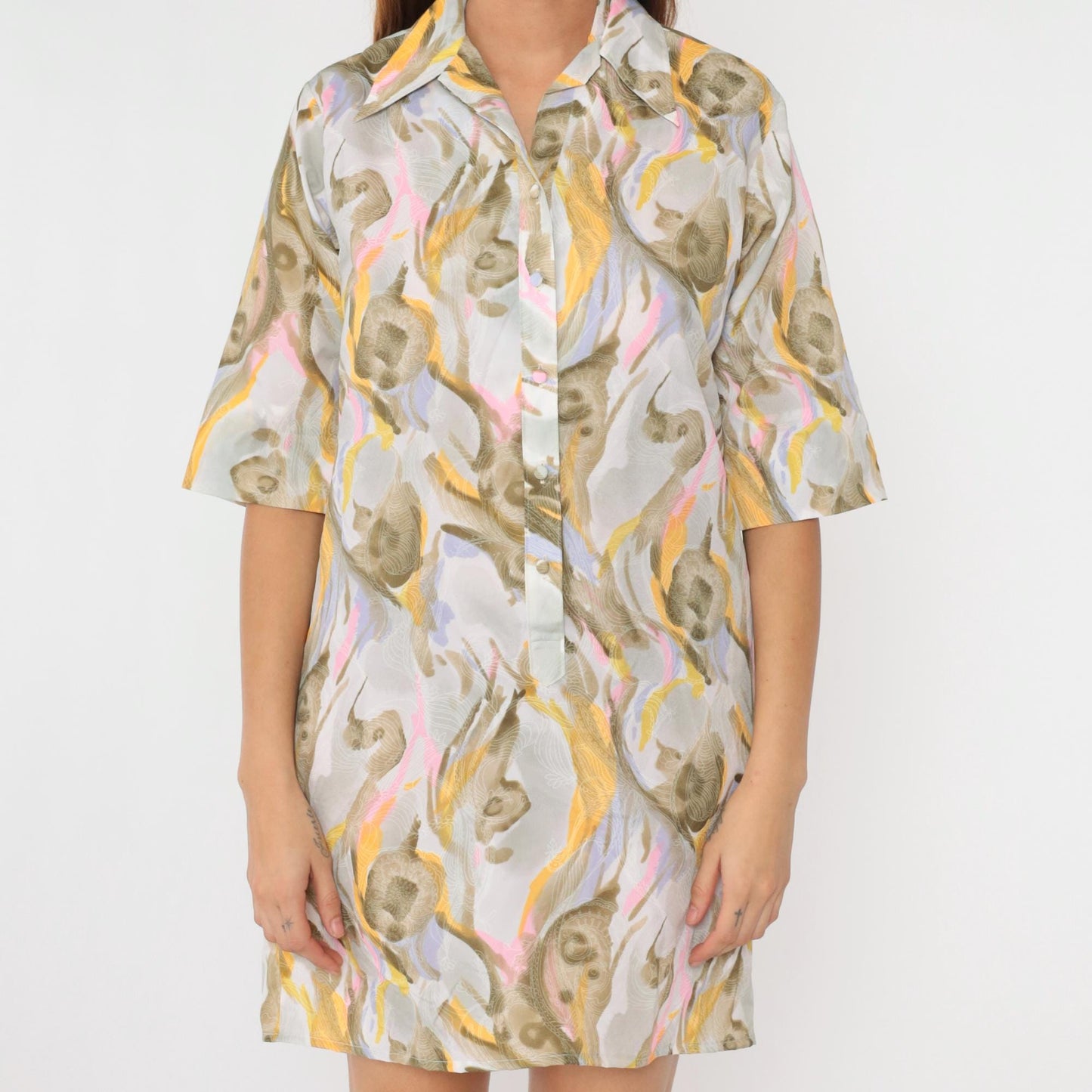 70s Lady Bayard Paisley Watercolor Mini Shirtdress Half Sleeve Grey Pink Yellow Medium