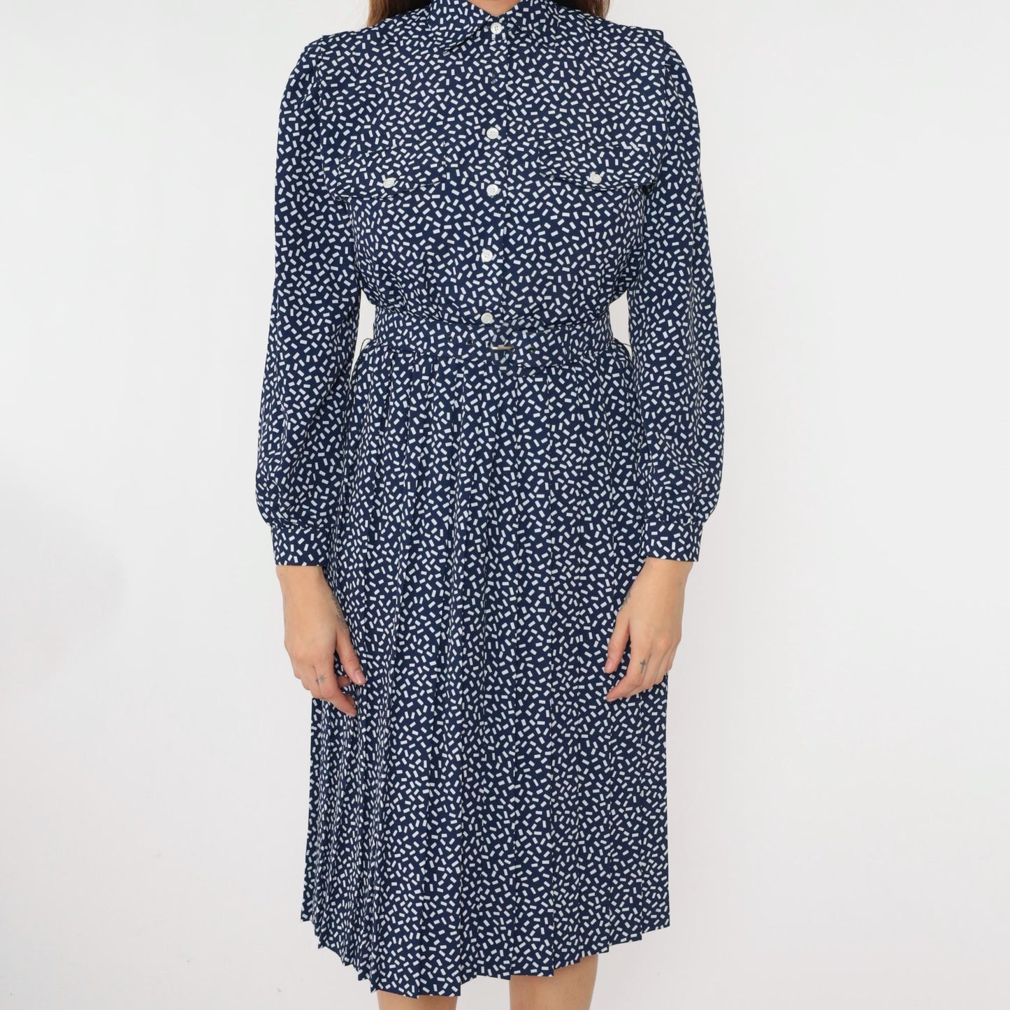 80s Appleseed's Petite Shirtdress Confetti Print Midi Dark Blue White