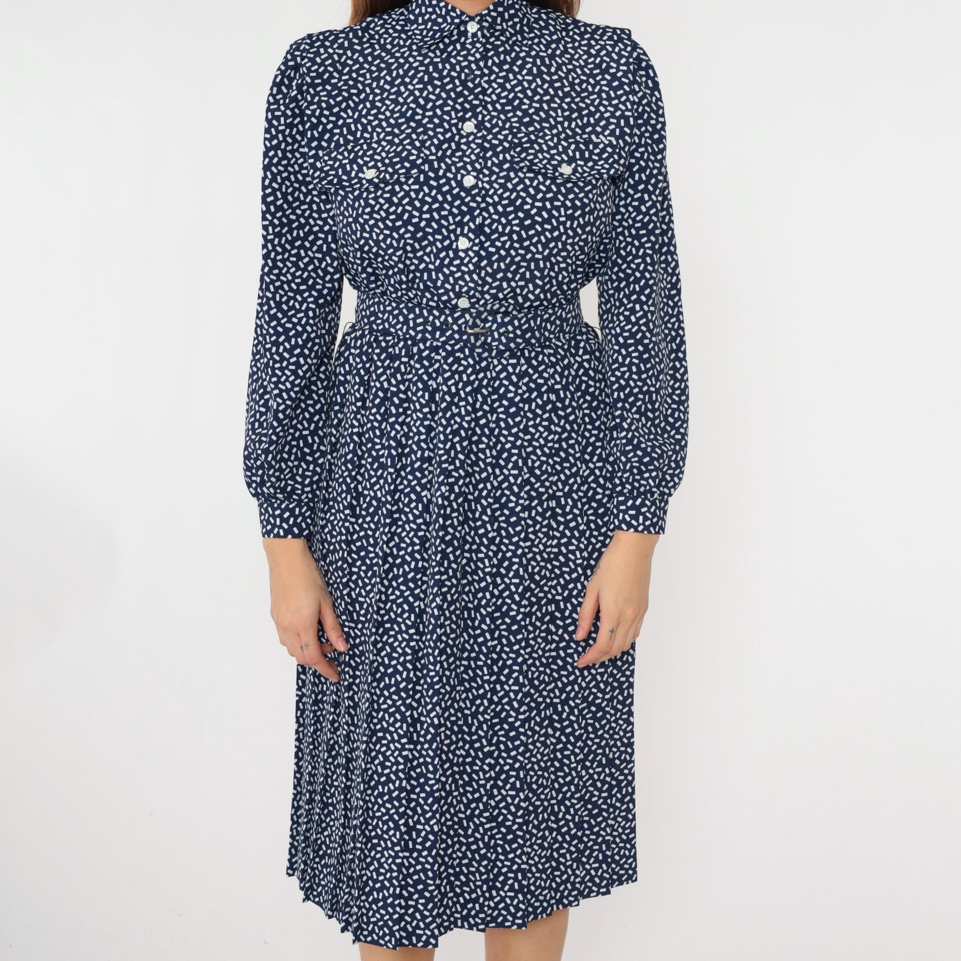 80s Appleseed's Petite Shirtdress Confetti Print Midi Dark Blue White