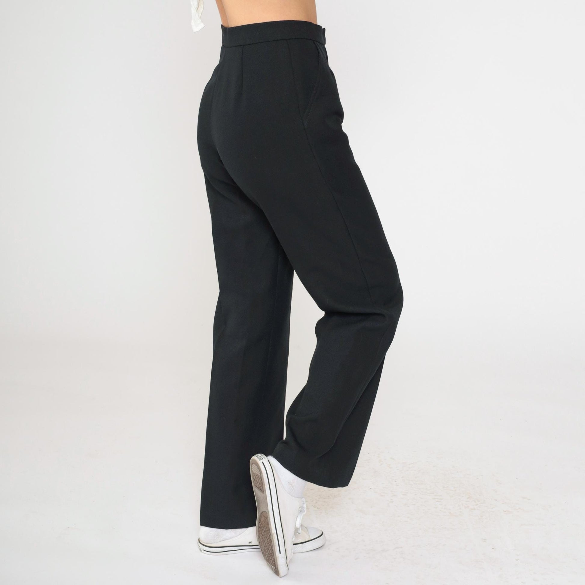 80s Black High-Waisted Pleated Straight Leg Trousers Small
