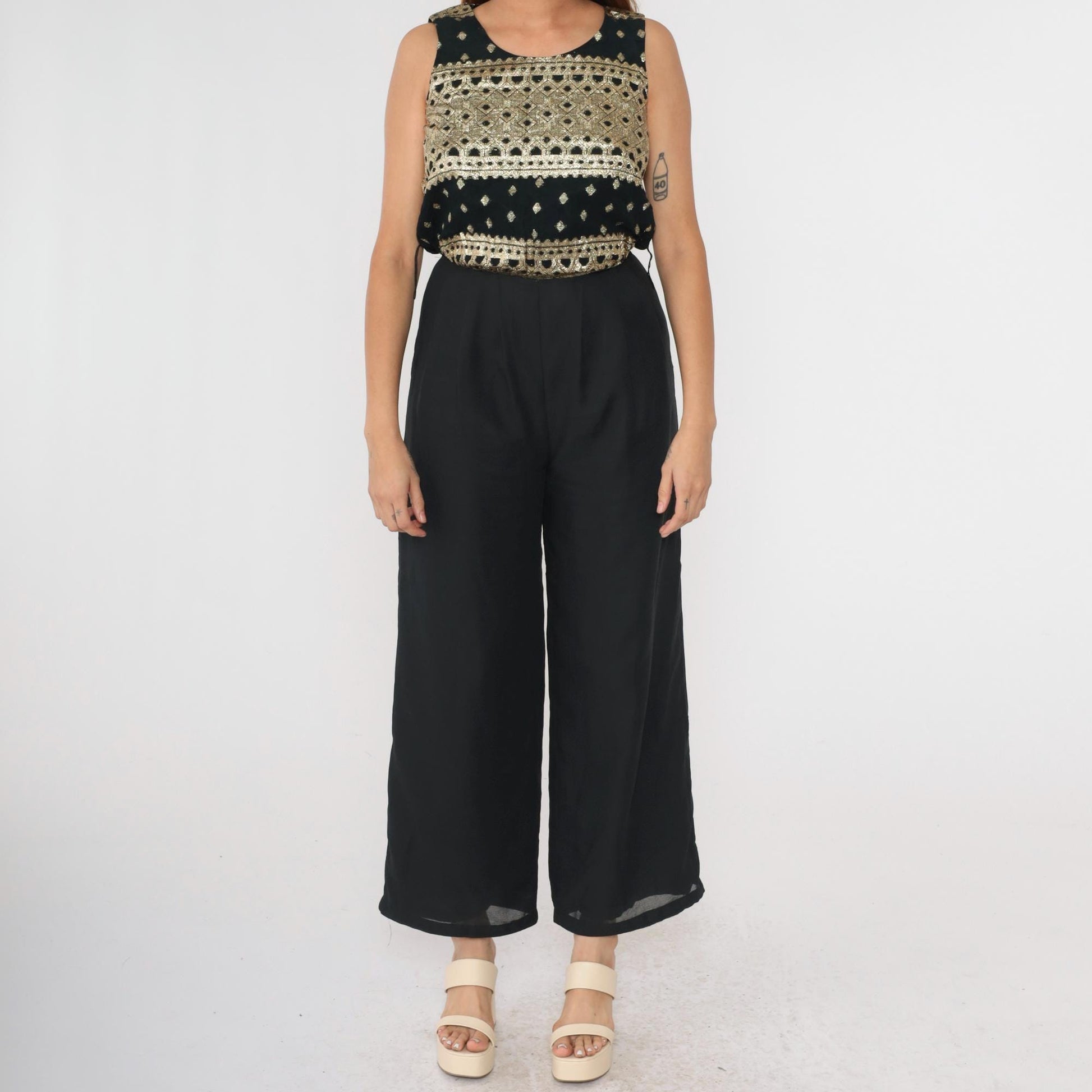 90s Althuser Black Chiffon Jumpsuit Gold Metallic Embroidery Wide Leg Small