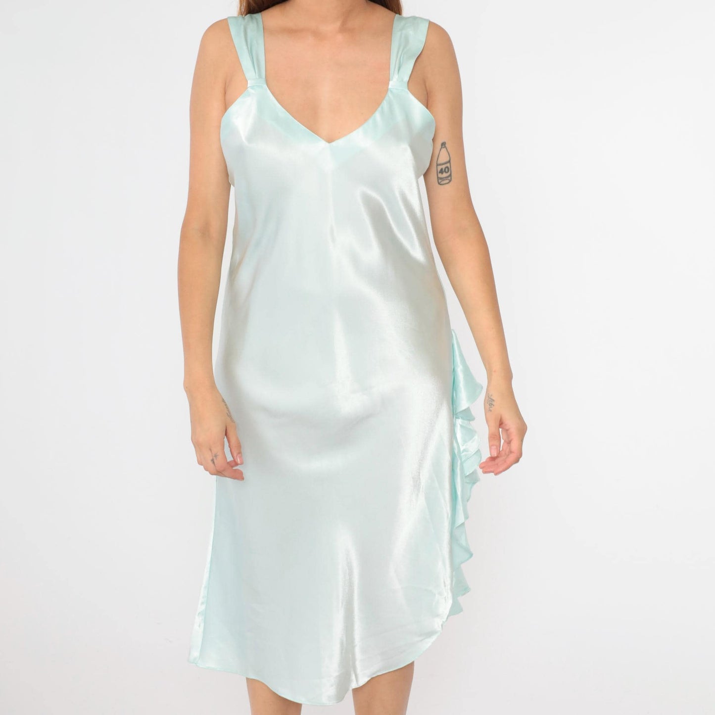 00s Victoria's Secret Ice Blue Satin Slip Dress Midi Ruffled Slit Large L