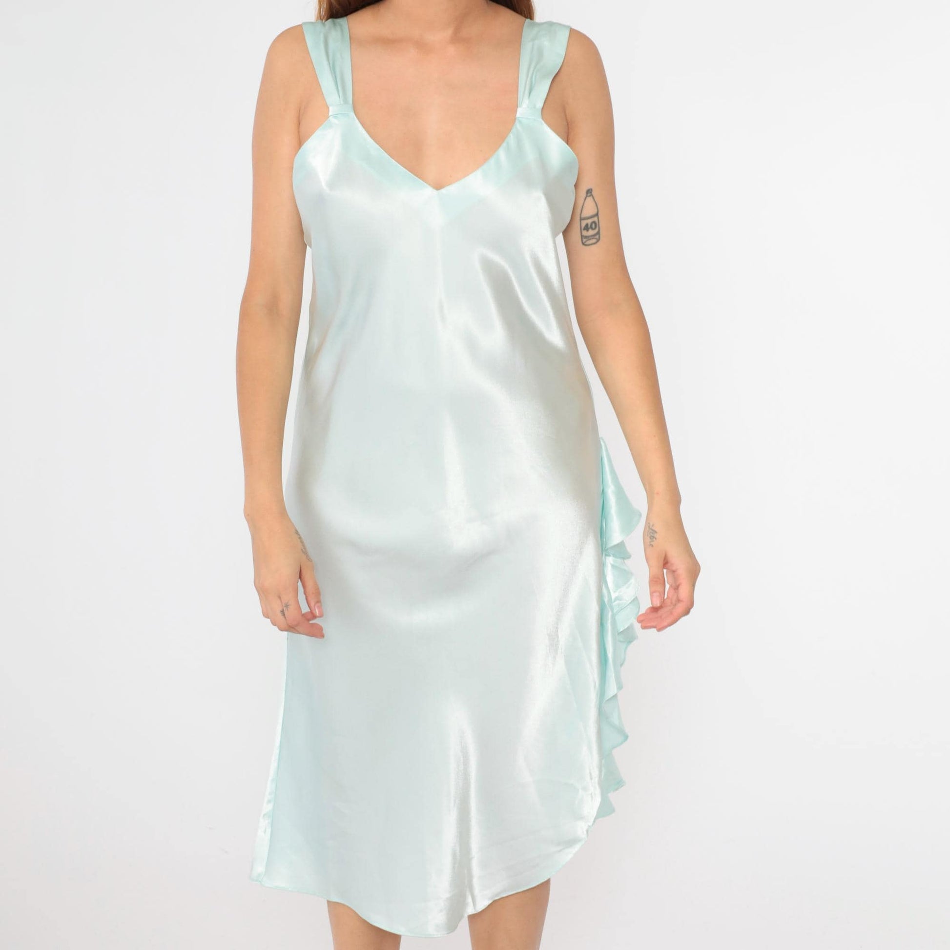 00s Victoria's Secret Ice Blue Satin Slip Dress Midi Ruffled Slit Large L