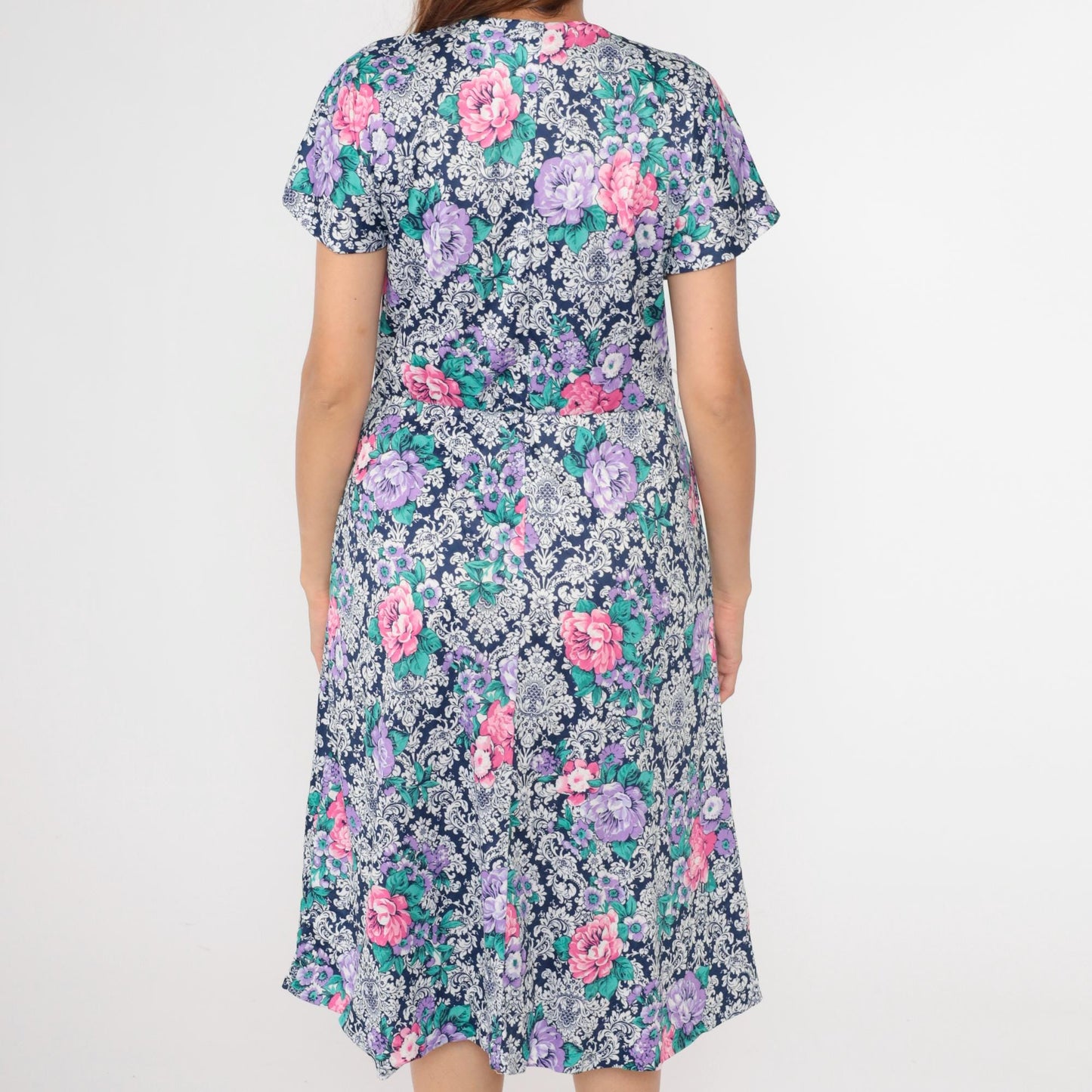 80s Floral Midi Dress Peter Pan Collar High Waisted Pockets Blue Pink Purple Large