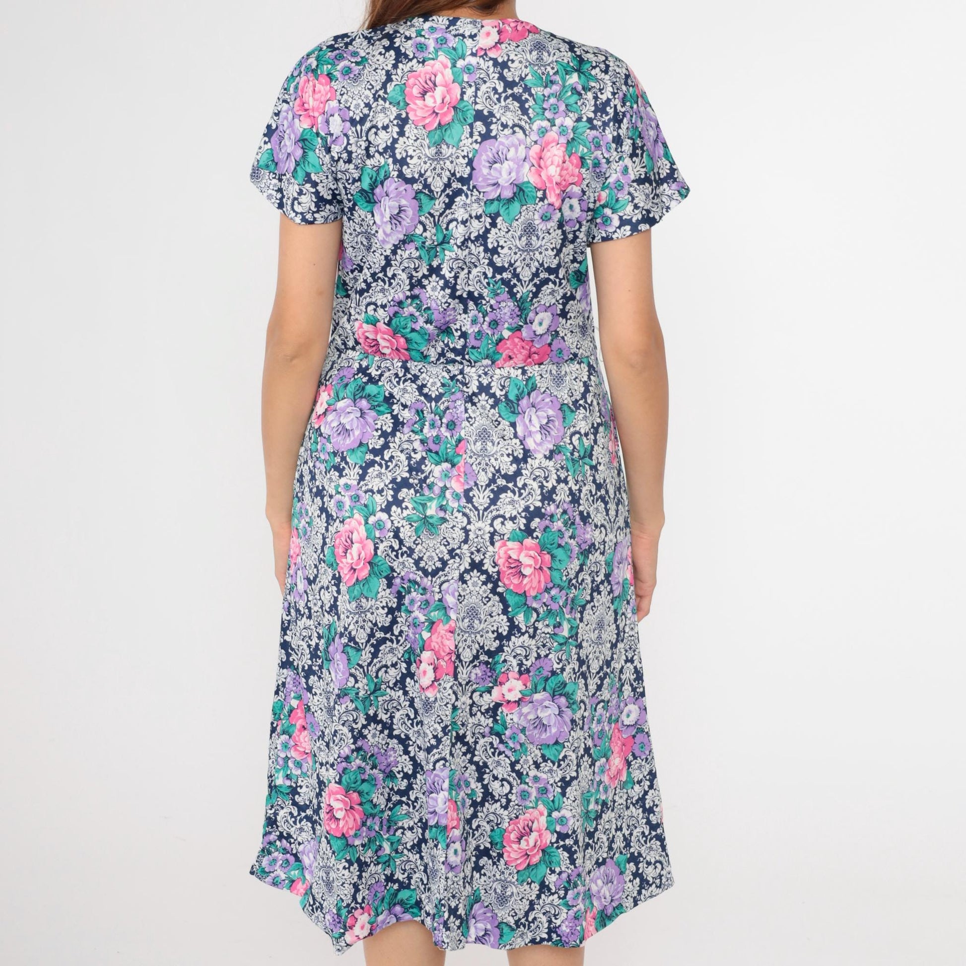 80s Floral Midi Dress Peter Pan Collar High Waisted Pockets Blue Pink Purple Large