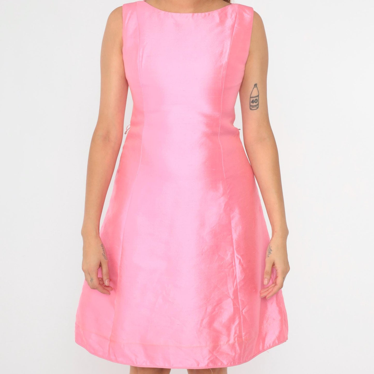 60s Gino Charles Pink Shantung Mini Dress Boat Neck Shift Small