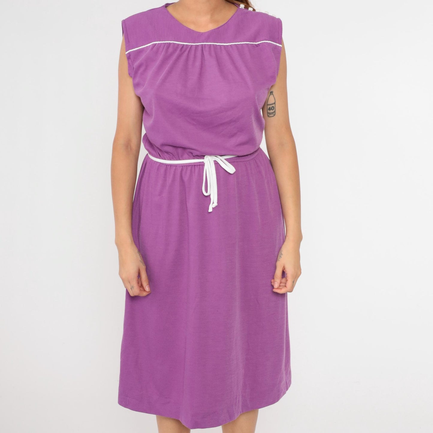 80s Purple Midi Sundress Sleeveless High Waist Button Shoulder Small Medium