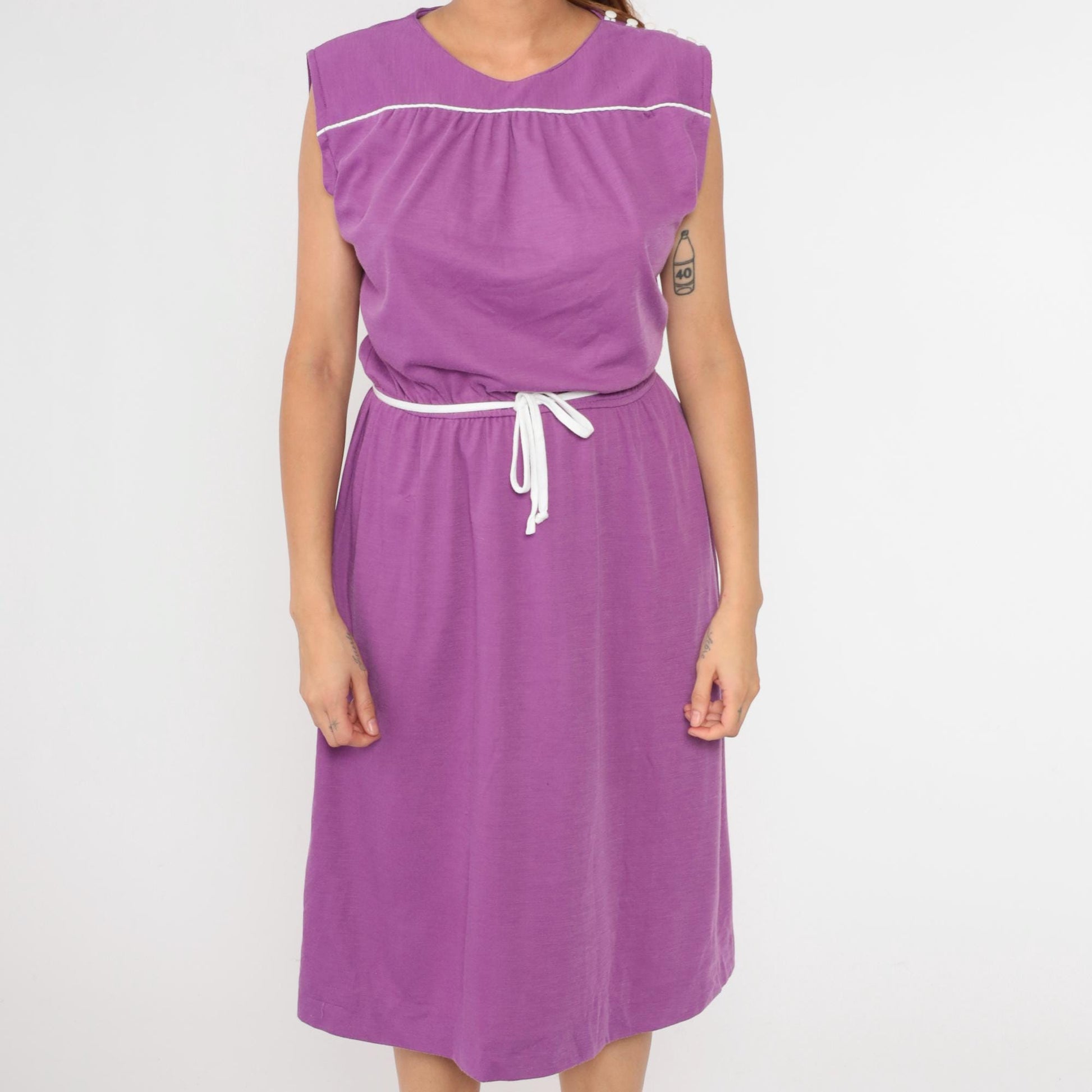 80s Purple Midi Sundress Sleeveless High Waist Button Shoulder Small Medium