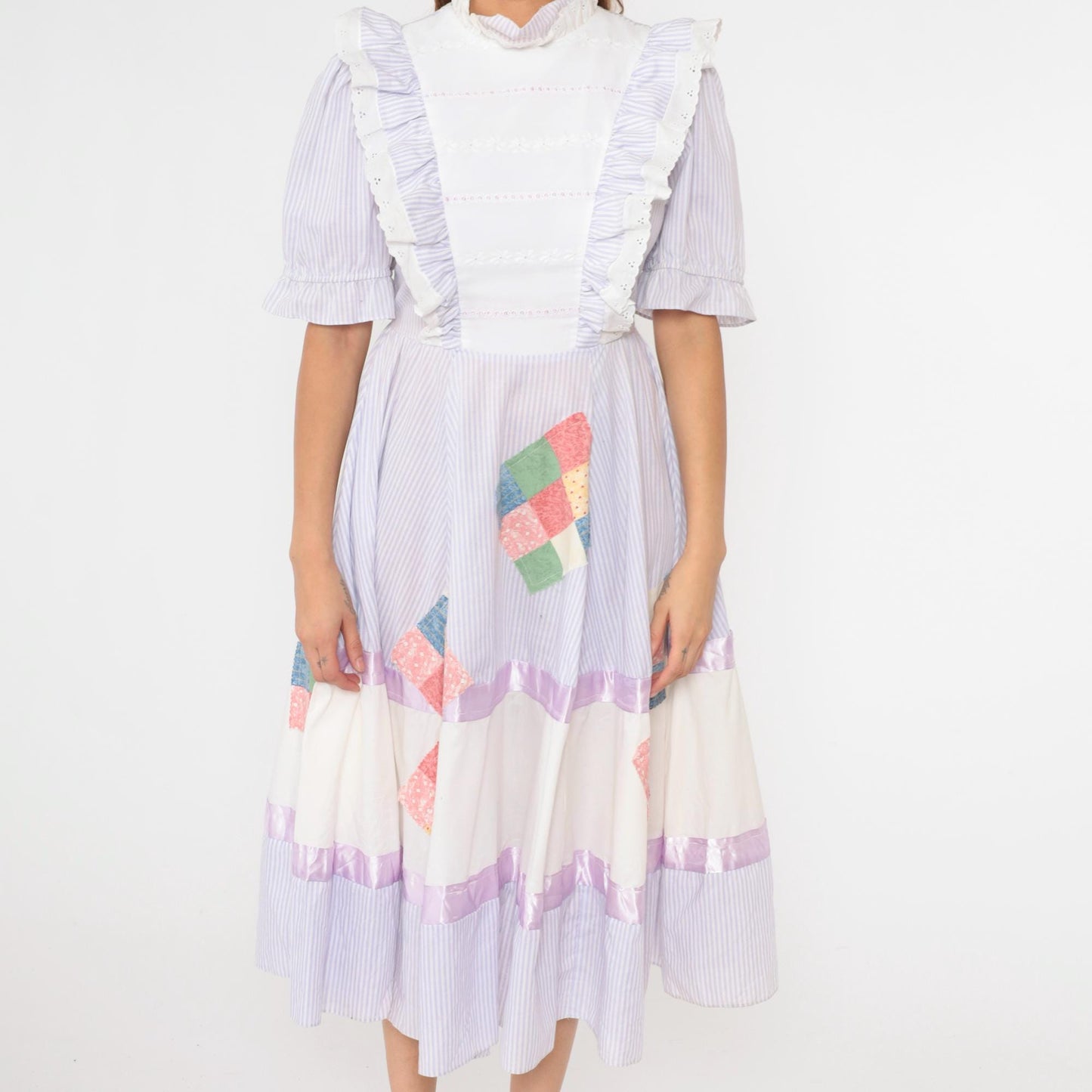 80s Jeri Bee Square Dance Dress Lavender Striped Puff Sleeve Midi Small