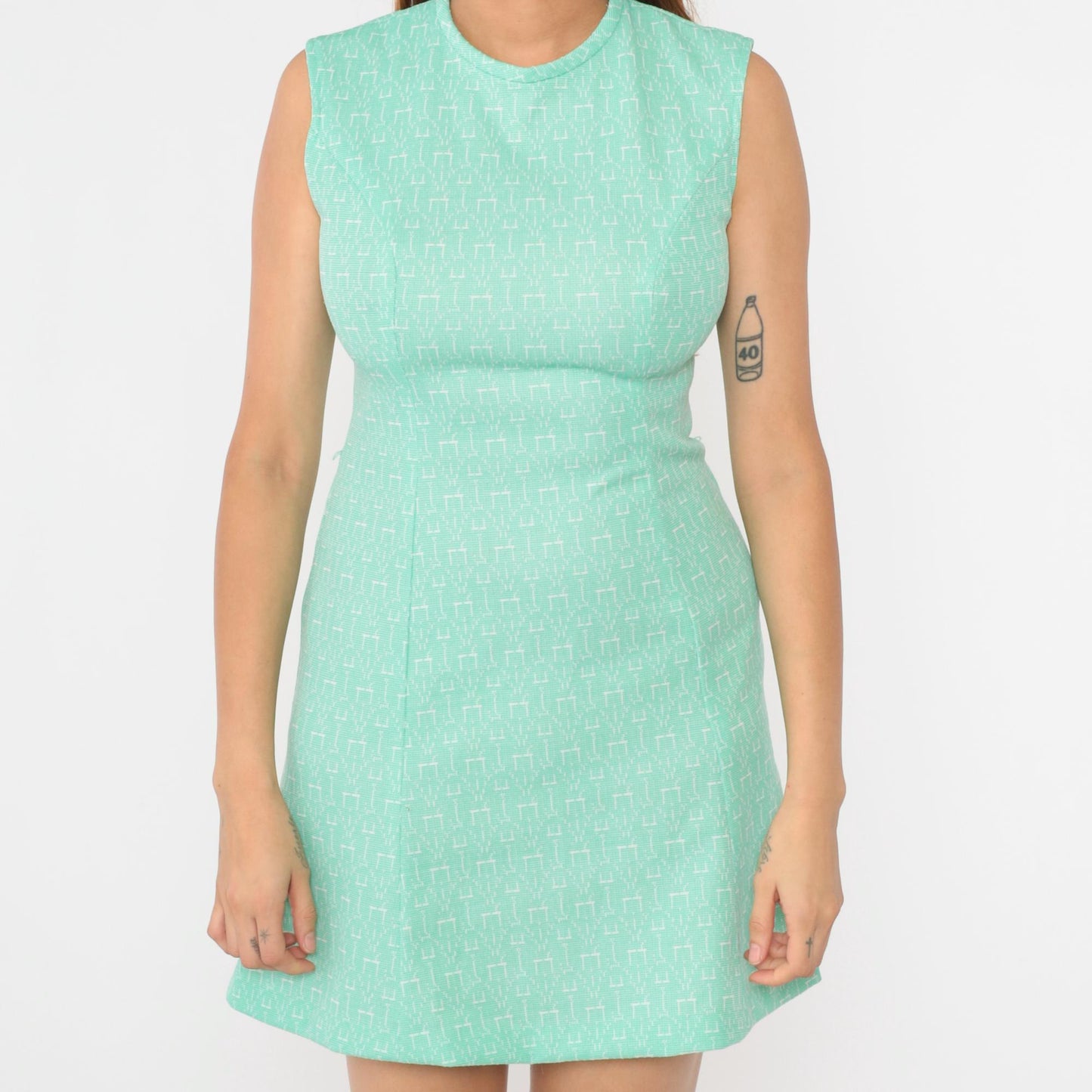 1960s Mint Geometric Print Shift Dress Sleeveless Mini Small