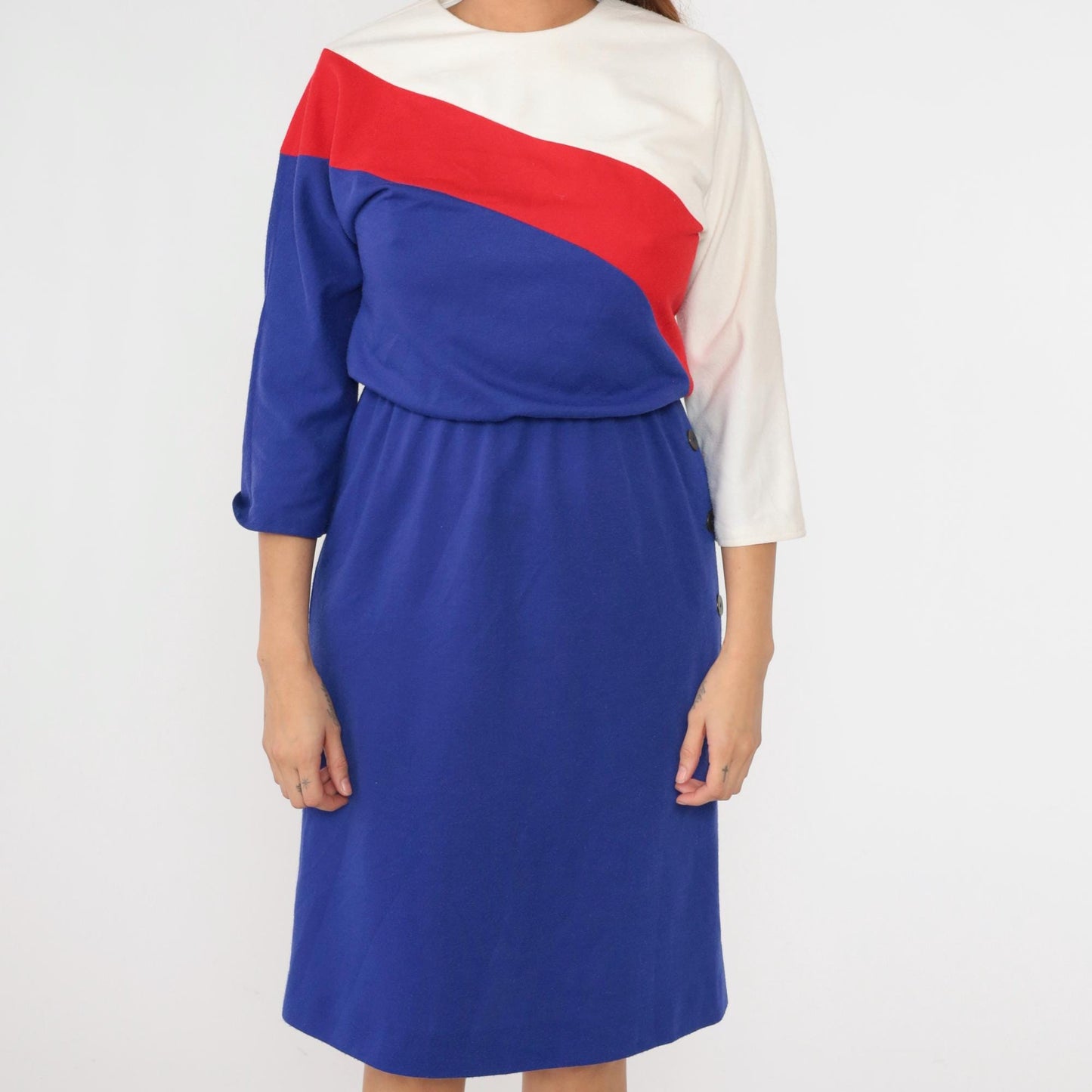 80s Leslie Fay Petites Colorblock Midi Dress Blue Red White Dolman Sleeve Small