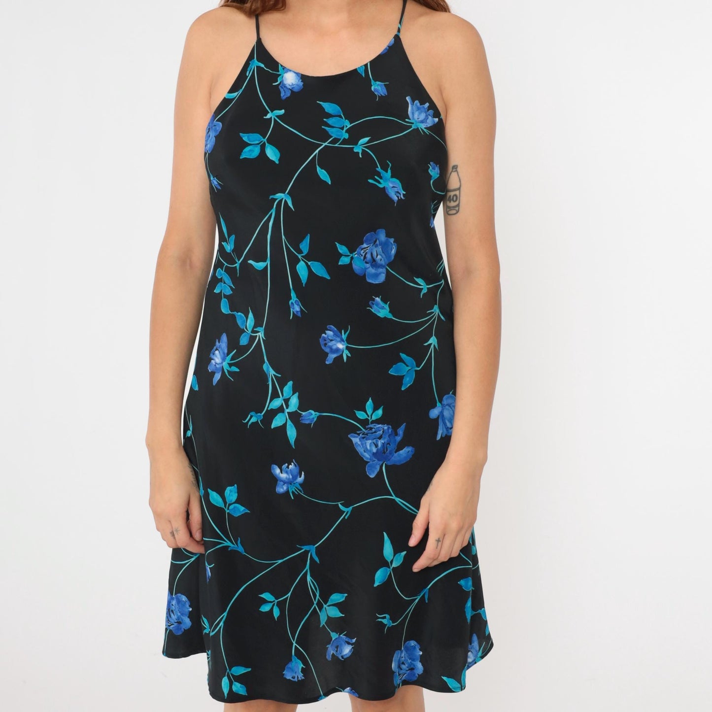 90s Black Floral Mini Dress Spaghetti Strap Shift Racerback Sleeveless Medium
