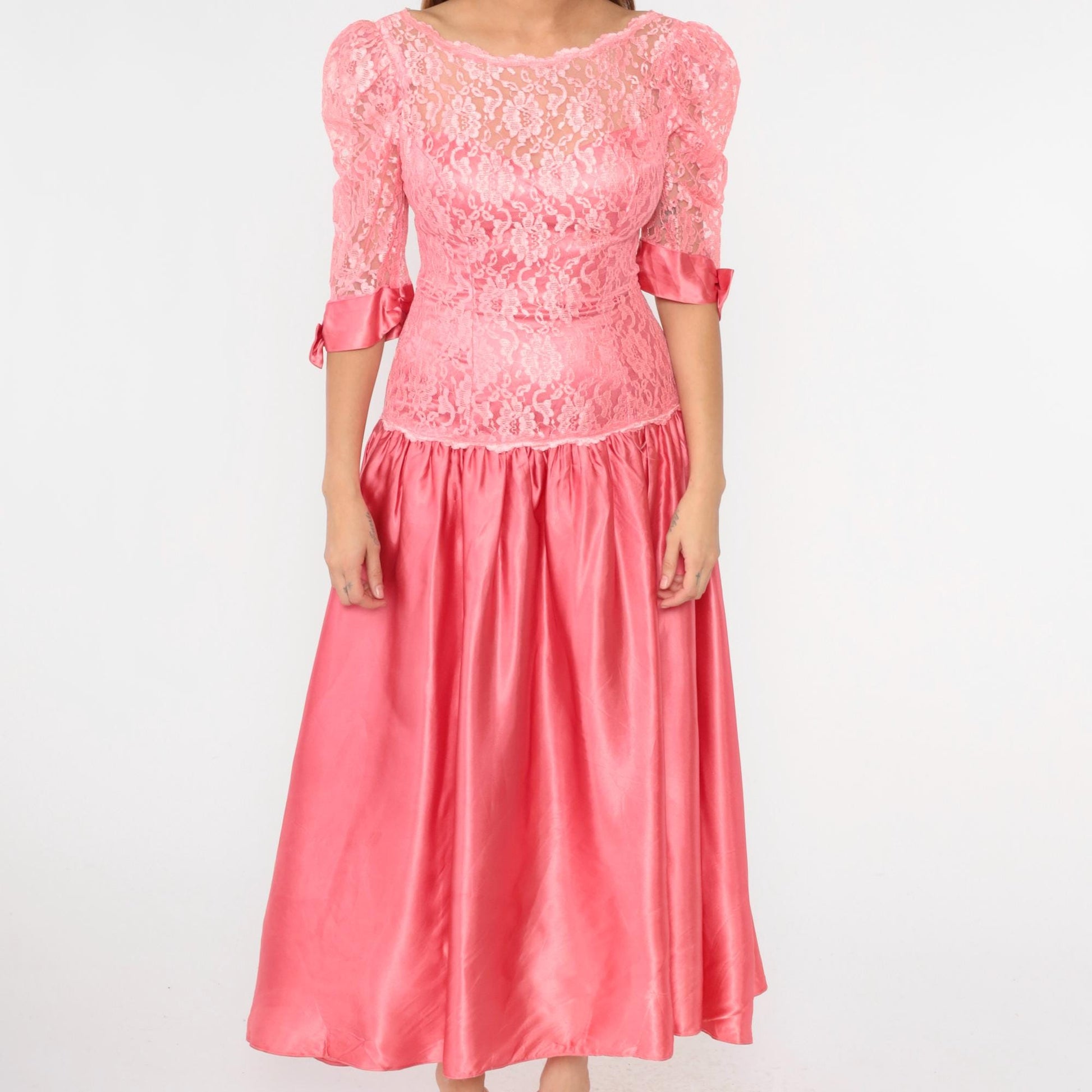 80s Pink Satin Lace Puff Sleeve Maxi Dress Drop Waist Low Back Small
