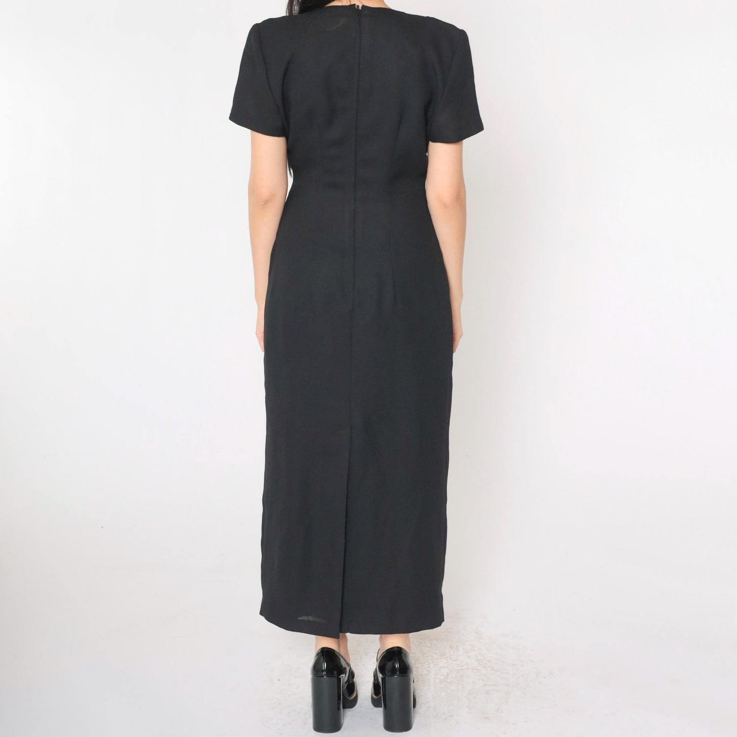 90s Black Soutache Beaded Maxi Dress Button Front Short Sleeve Medium