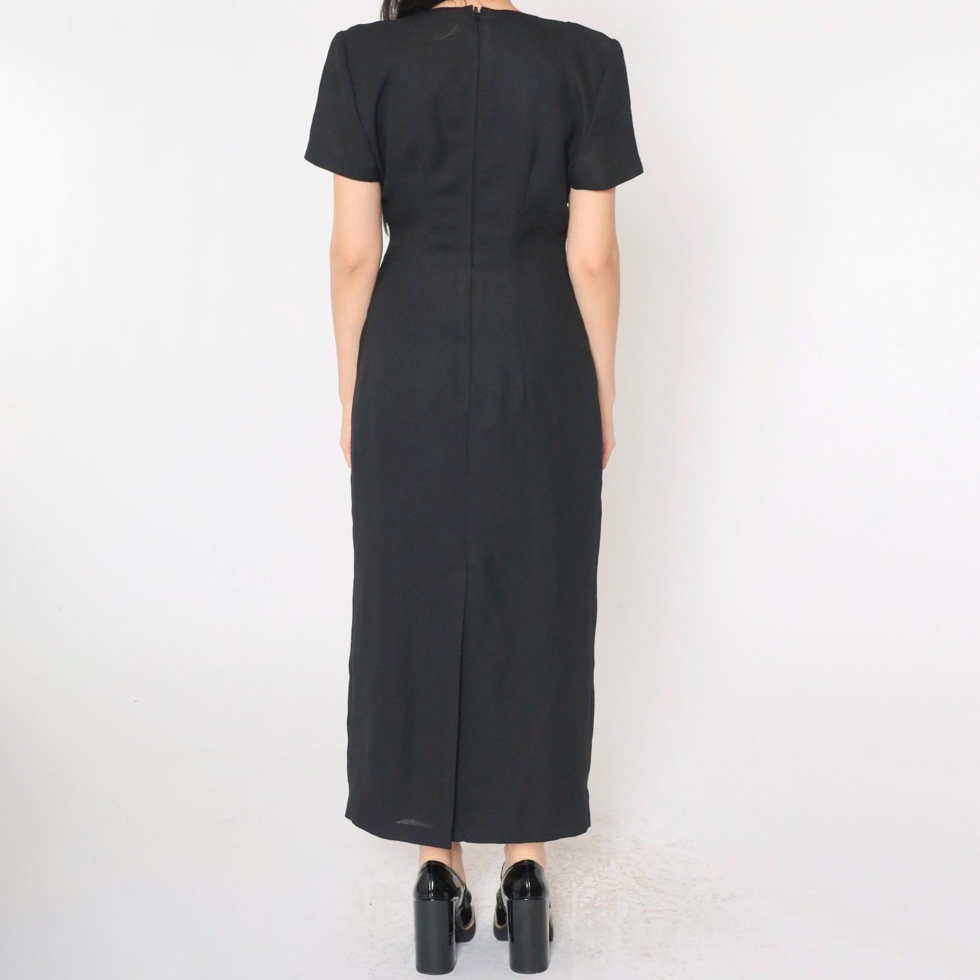 90s Black Soutache Beaded Maxi Dress Button Front Short Sleeve Medium