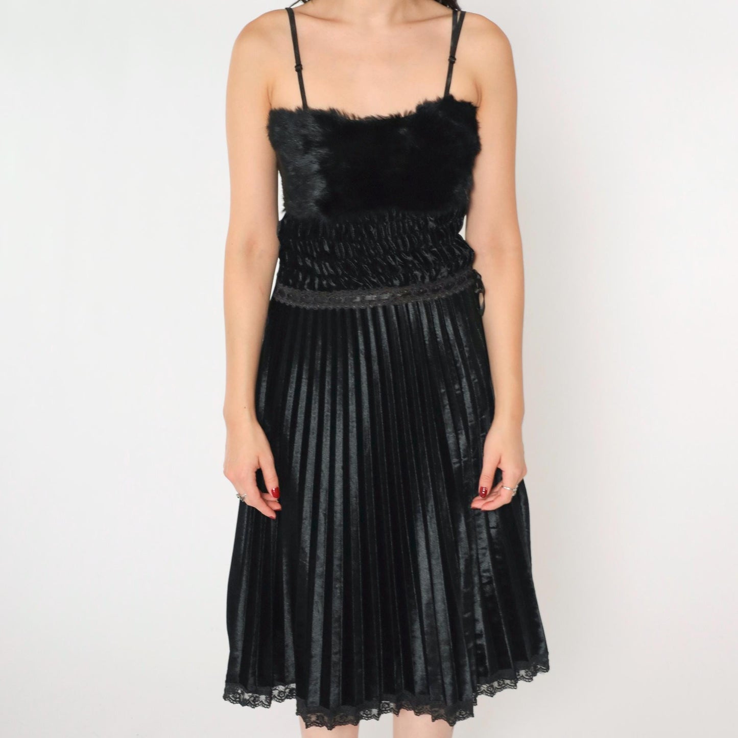 Y2K Black Velour Midi Dress Faux Fur Lace Spaghetti Strap Extra Small XS