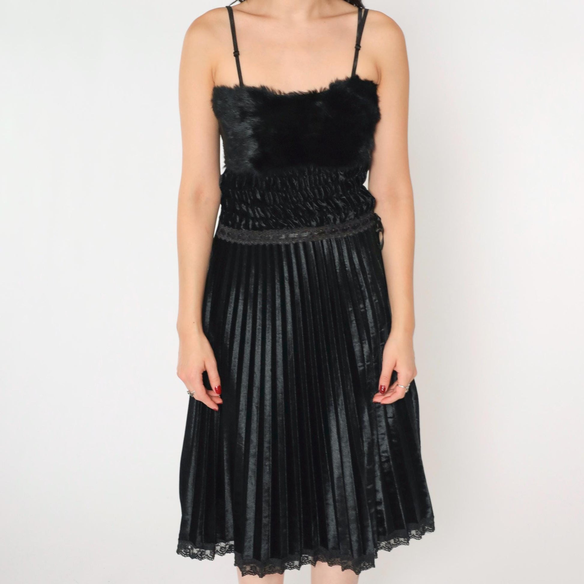 Y2K Black Velour Midi Dress Faux Fur Lace Spaghetti Strap Extra Small XS