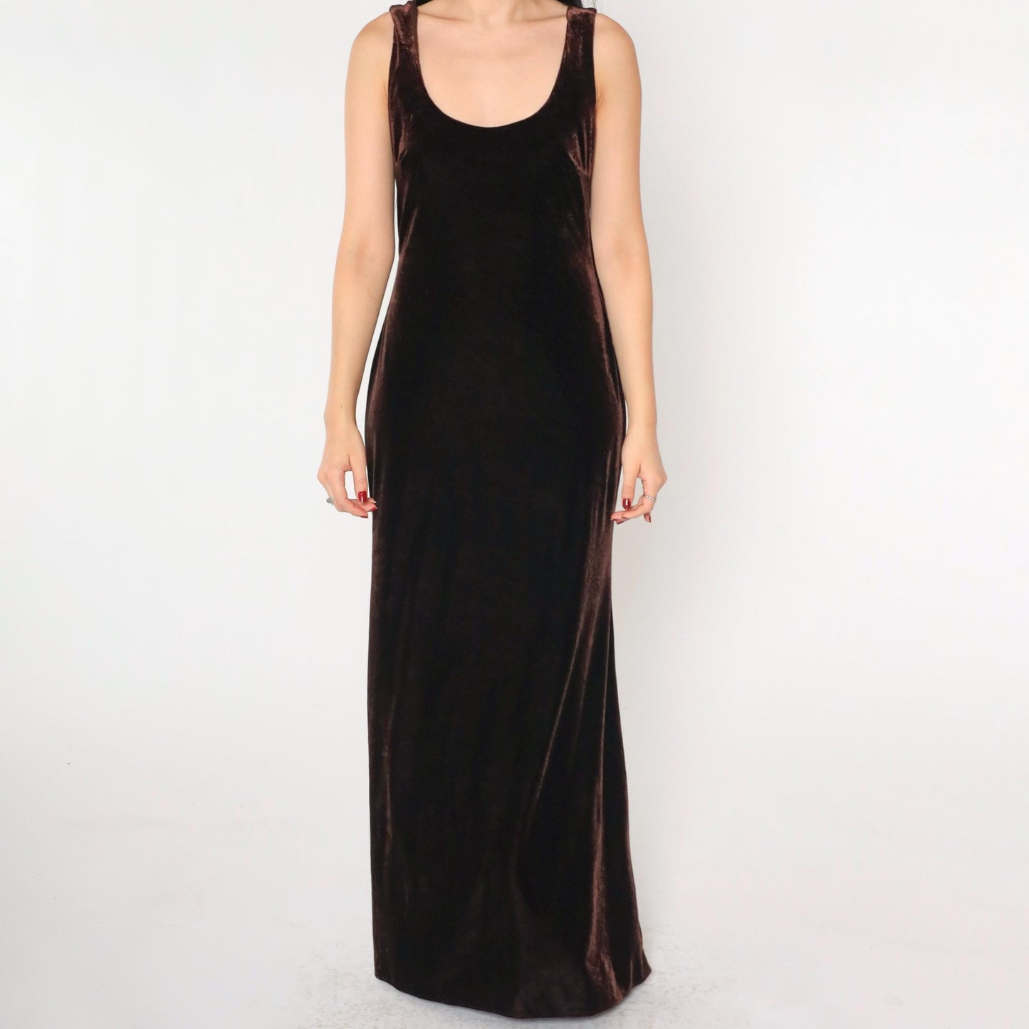 90s Niki Livas Brown Velvet Maxi Dress Keyhole Back Sleeveless Medium