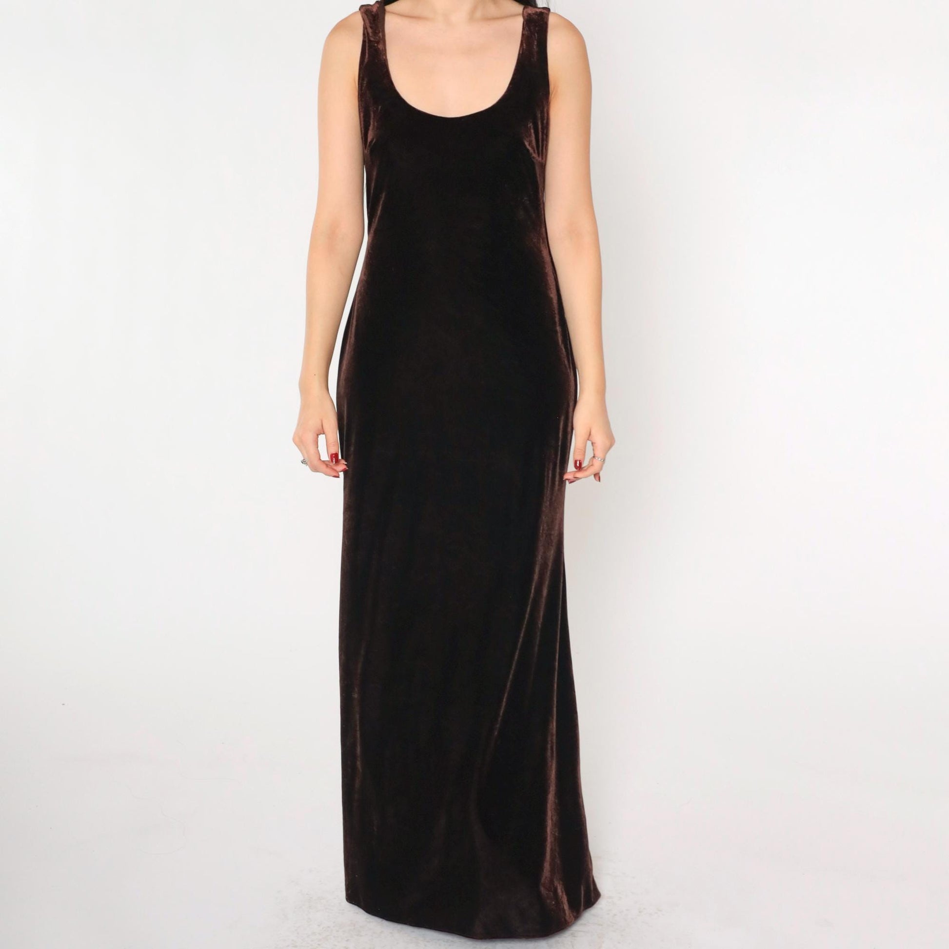90s Niki Livas Brown Velvet Maxi Dress Keyhole Back Sleeveless Medium