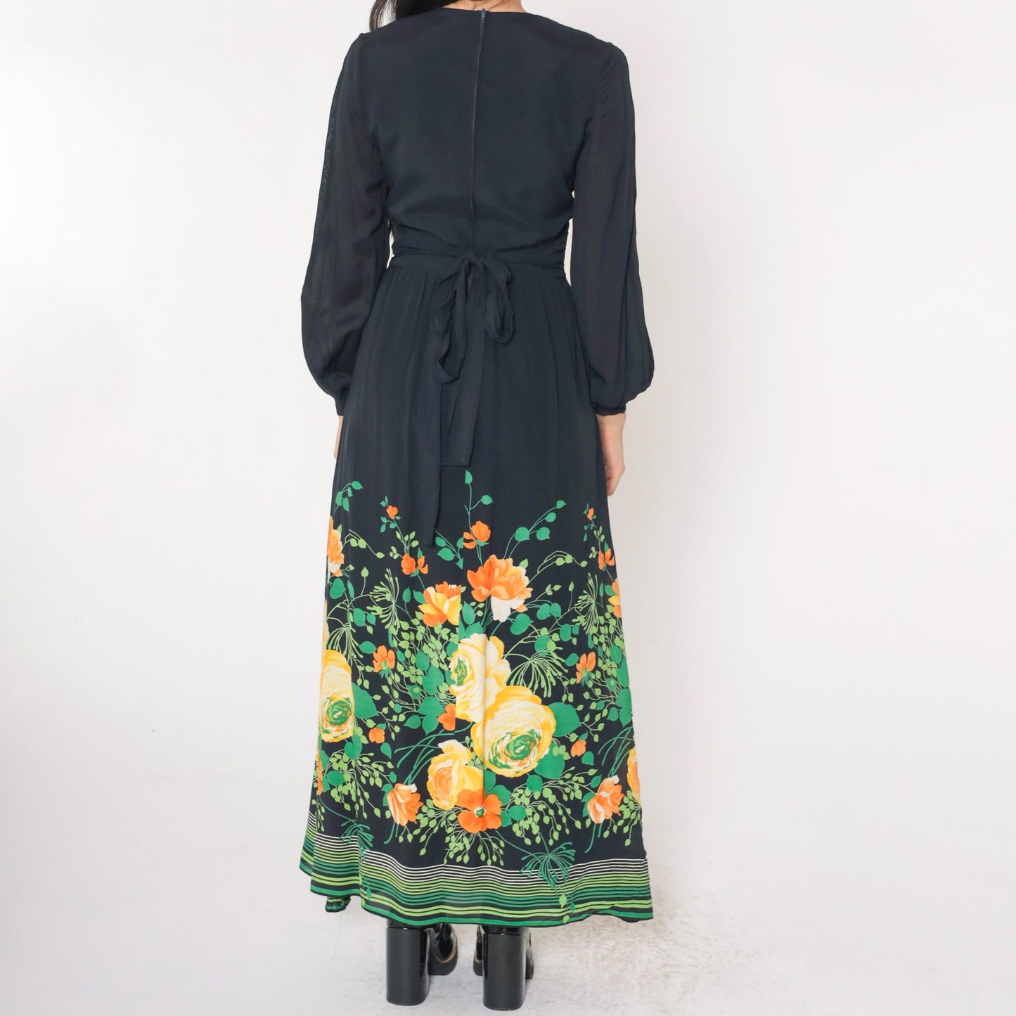 70s Vera Mont Paris Black Floral Maxi Dress V-Neck High Waist Small