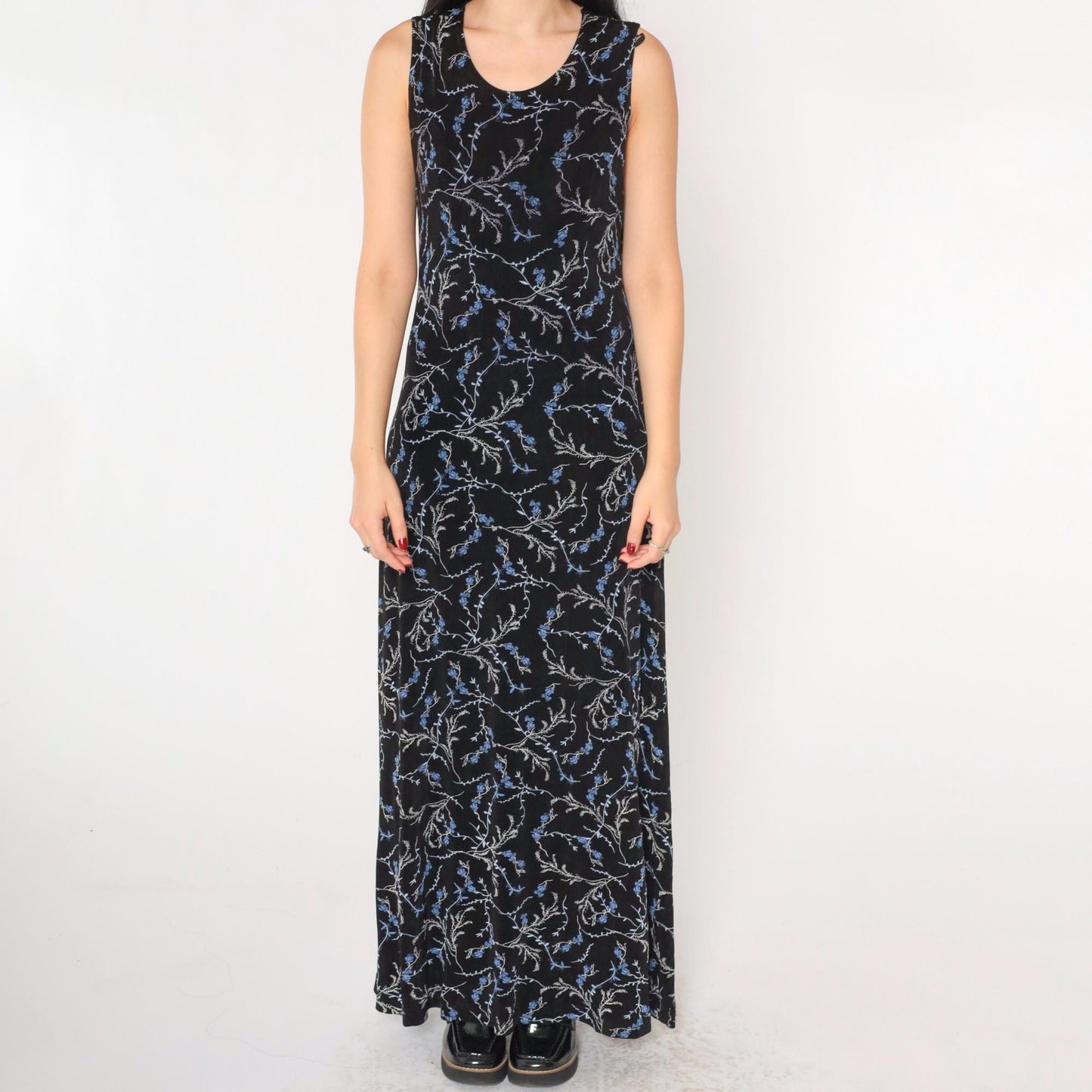 90s Black Floral Maxi Dress Blue Print Scoop Neck Sleeveless Medium 8