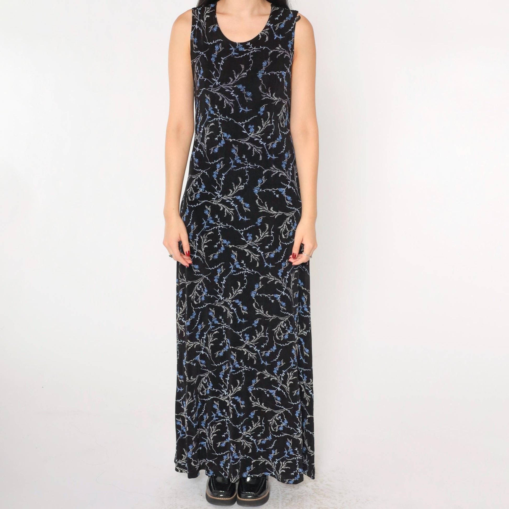 90s Black Floral Maxi Dress Blue Print Scoop Neck Sleeveless Medium 8