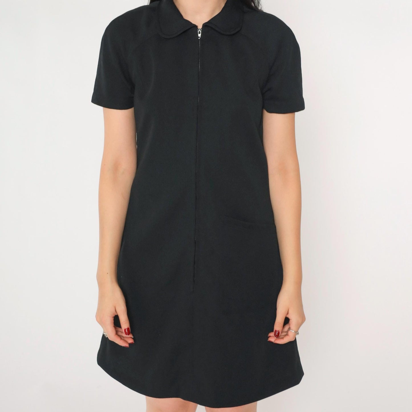 1960s Black Shift Mini Dress Front Zipper Short Sleeve Small S