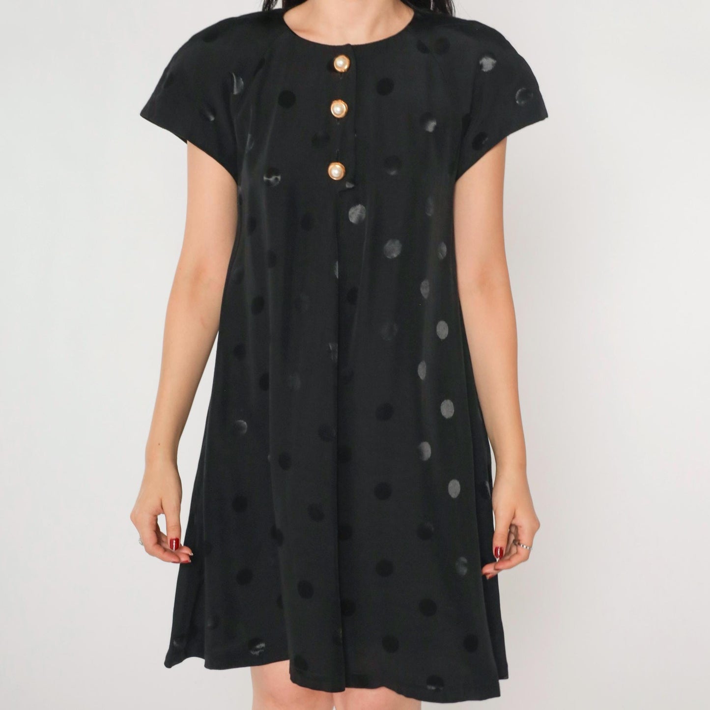 90s Black Mini Dress Embossed Polka Dot Pearl Buttons A-Line Small