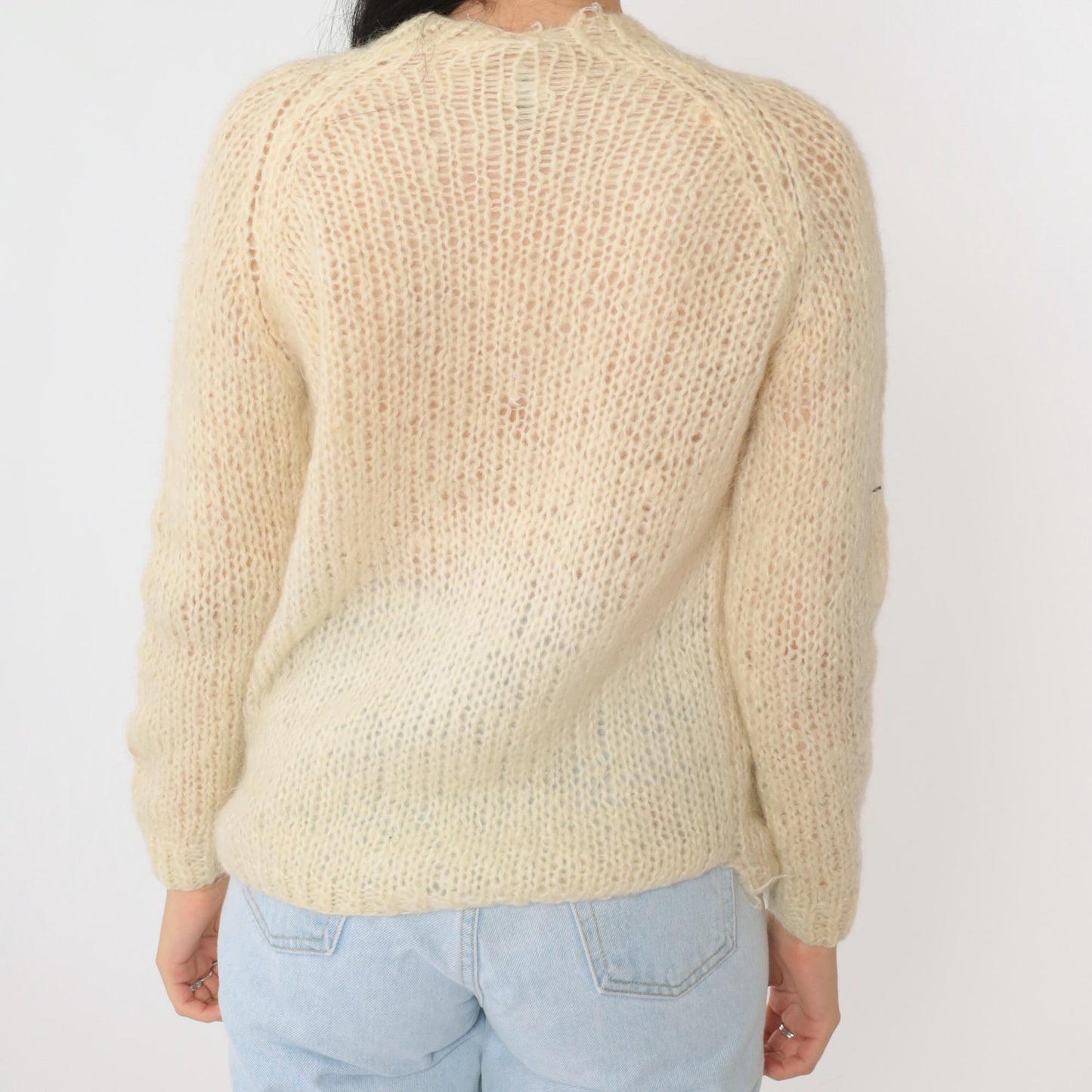 70s Cream Cable Knit Cardigan Wool Button-Up Sweater Small