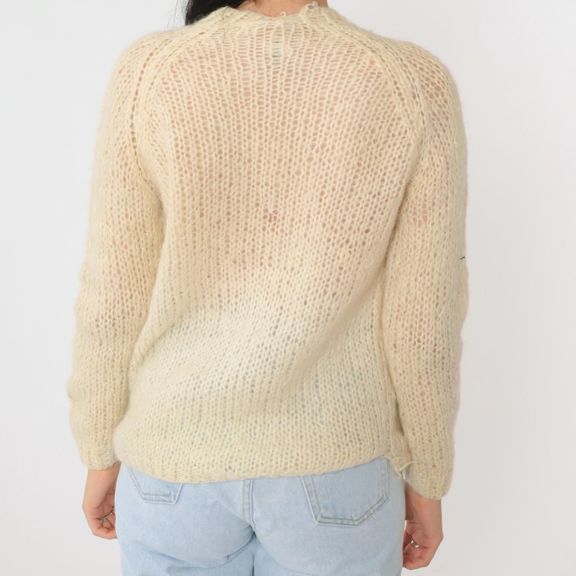70s Cream Cable Knit Cardigan Wool Button-Up Sweater Small