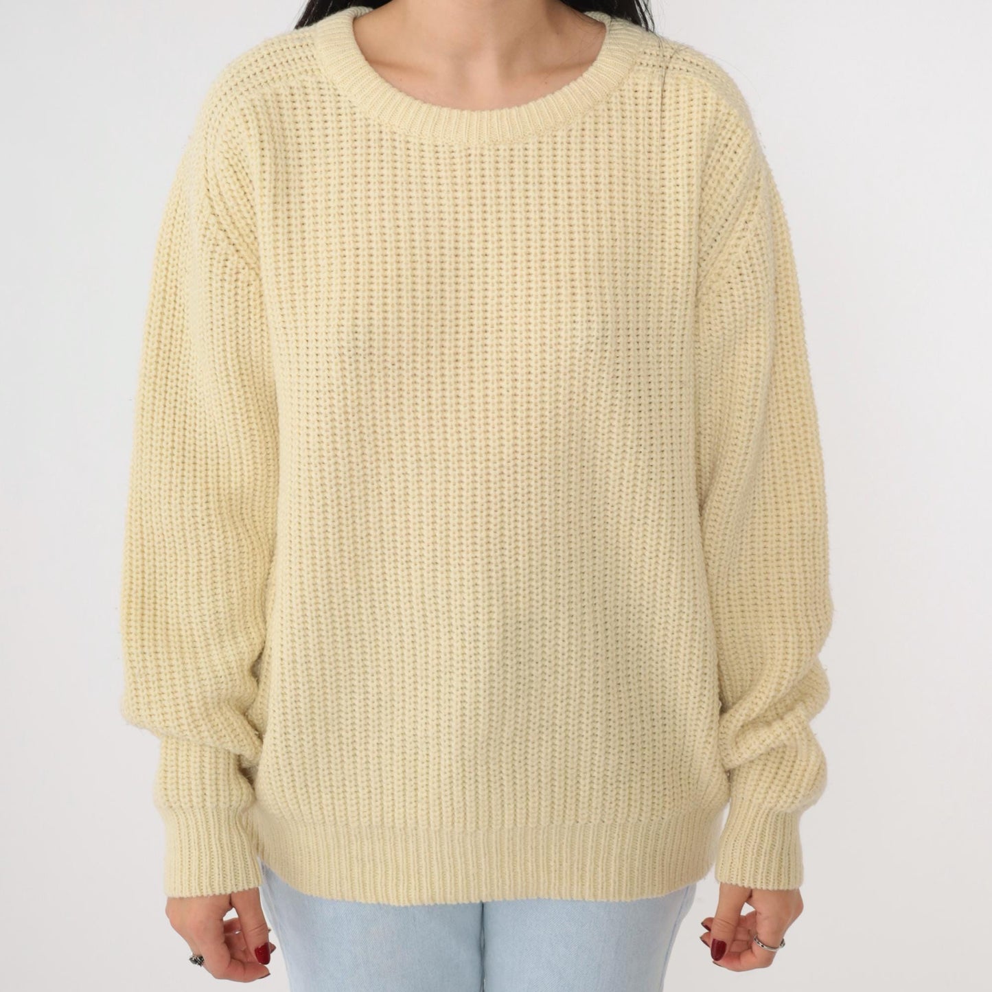 80s Cream Textured Knit Raglan Sweater Crewneck Pullover Medium Large