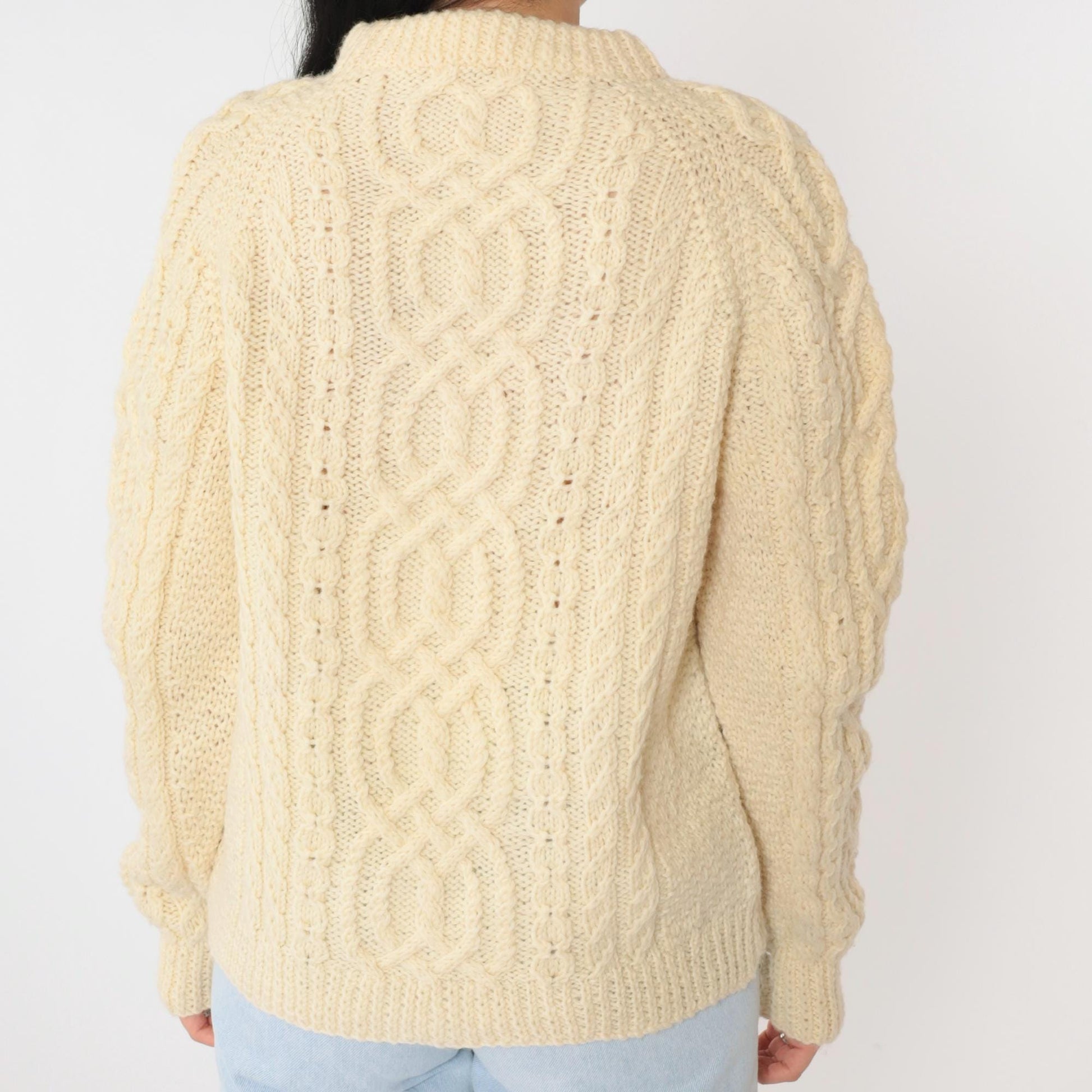 80s Cream Cable Knit Raglan Sweater Mock Neck Pullover Medium