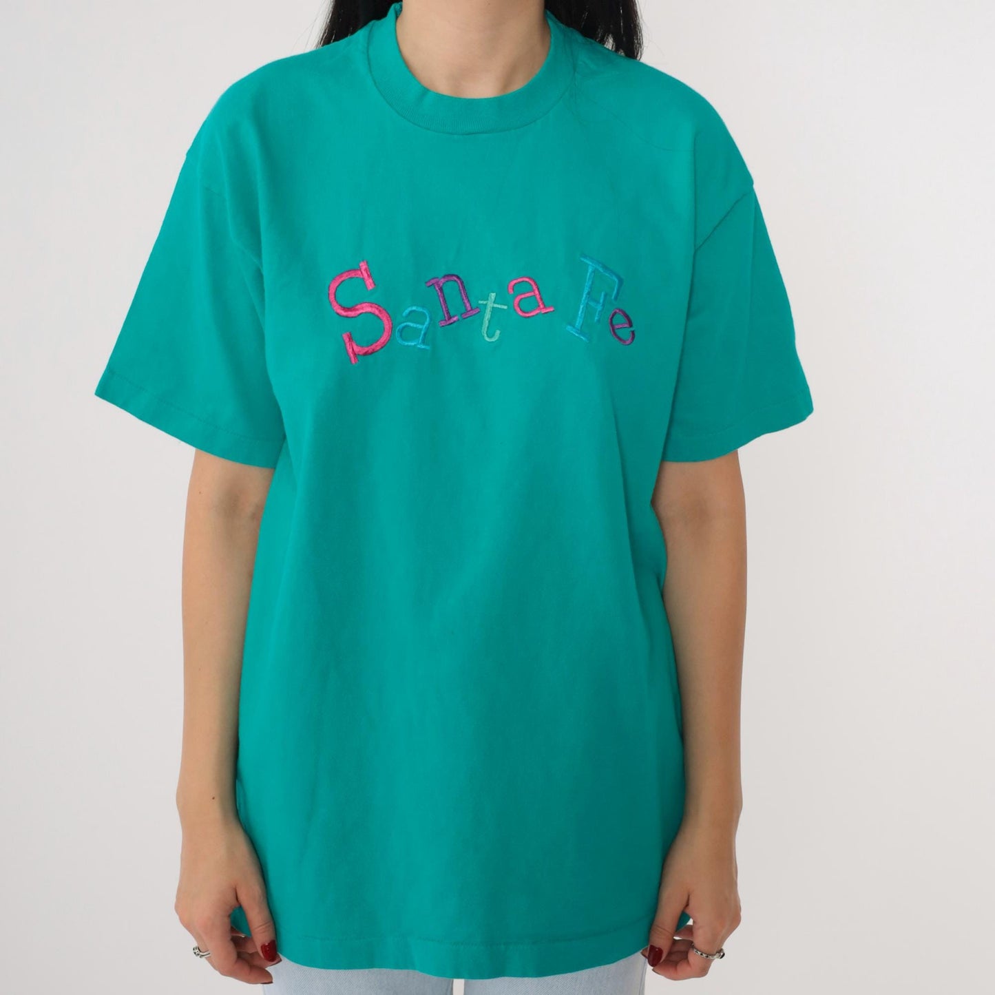 00s Santa Fe Embroidered Graphic T-Shirt Teal Crewneck Cotton Large
