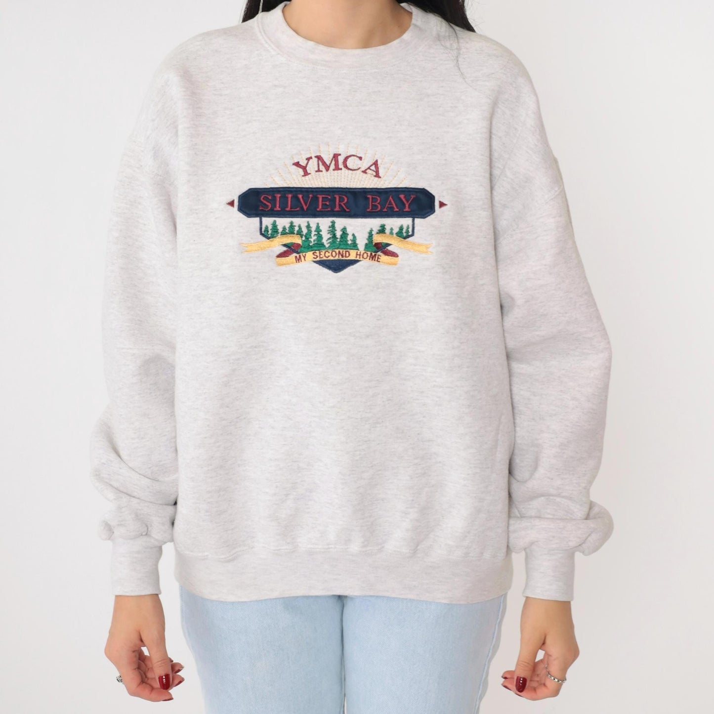 90s YMCA Silver Bay Lake George Embroidered Sweatshirt Heather Grey Large