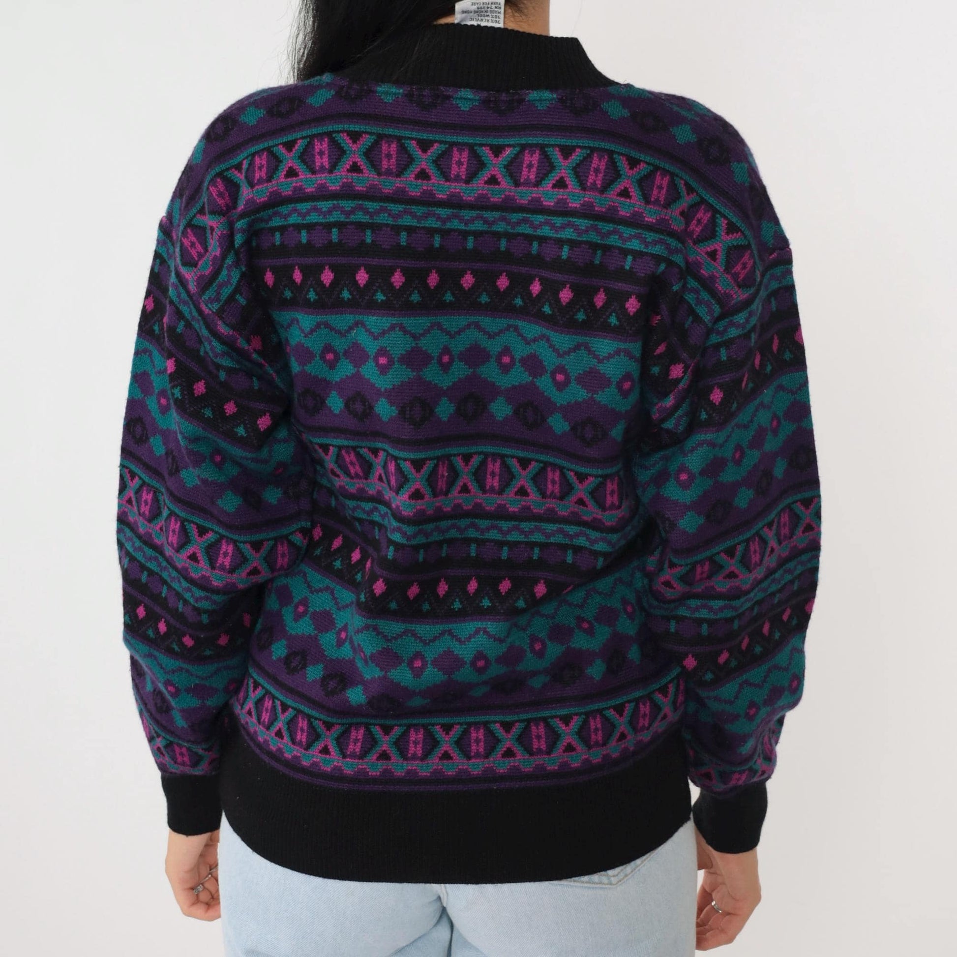 80s Southwestern Geometric Wool Blend Pullover Purple Teal Medium