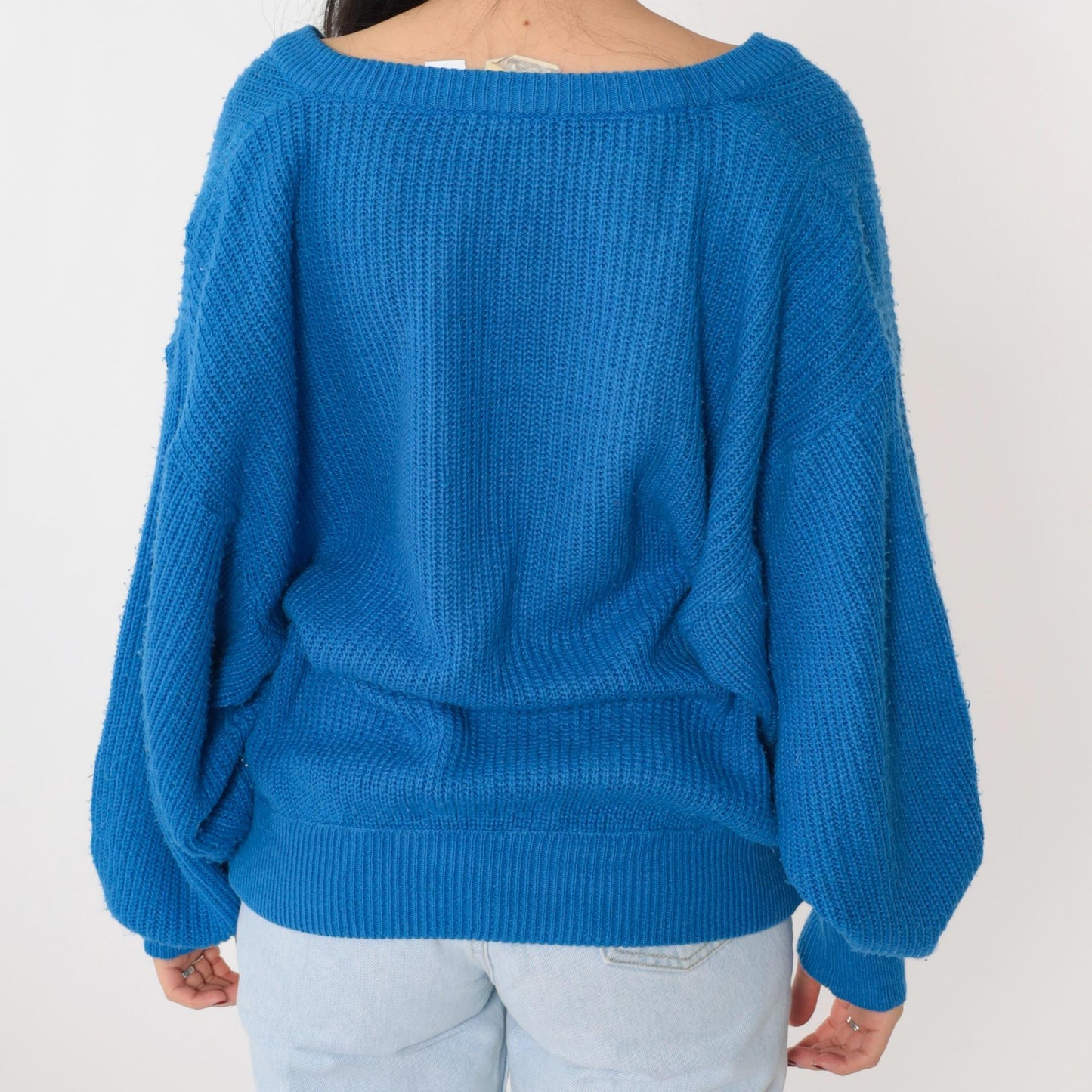 80s Buggi Electric Blue V-Neck Ribbed Knit Sweater Pockets Large