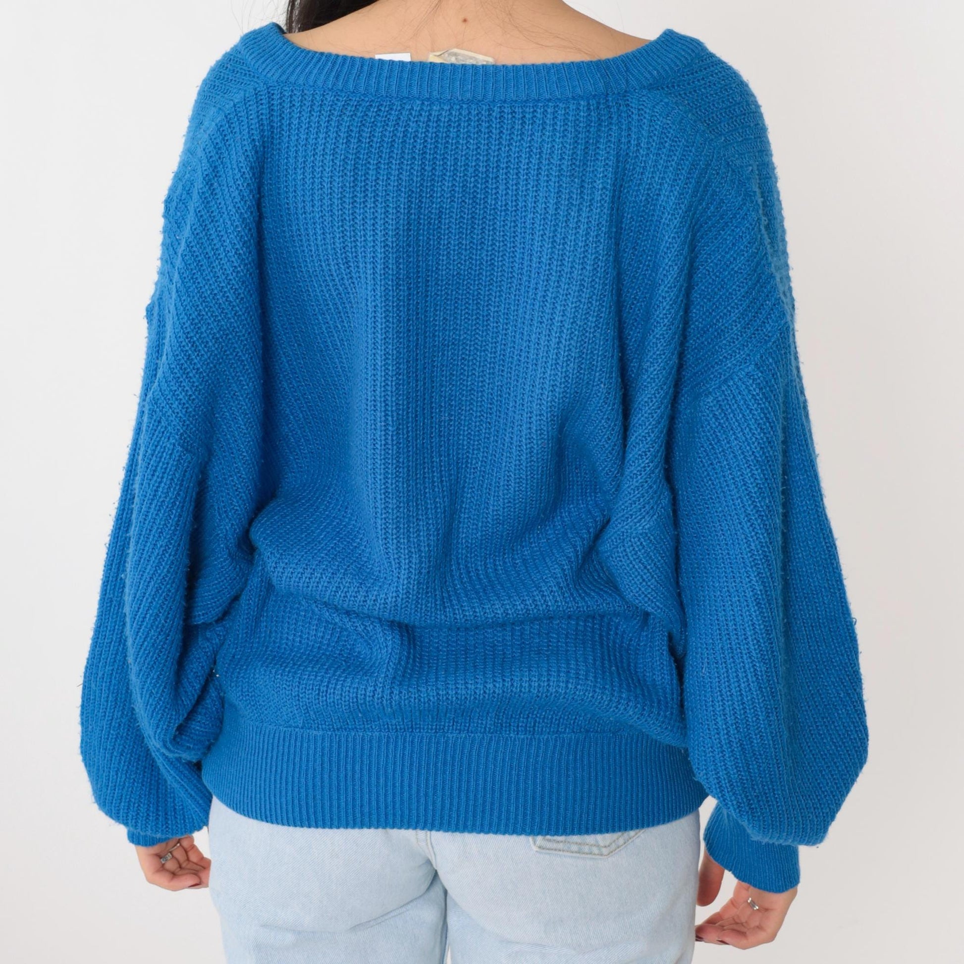 80s Buggi Electric Blue V-Neck Ribbed Knit Sweater Pockets Large