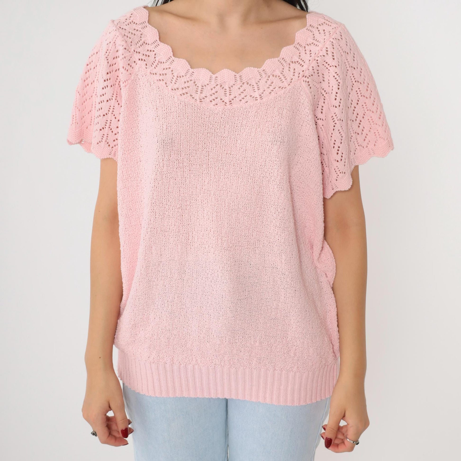 80s Adele Knitwear Baby Pink Pointelle Cutout Knit Top Medium Large