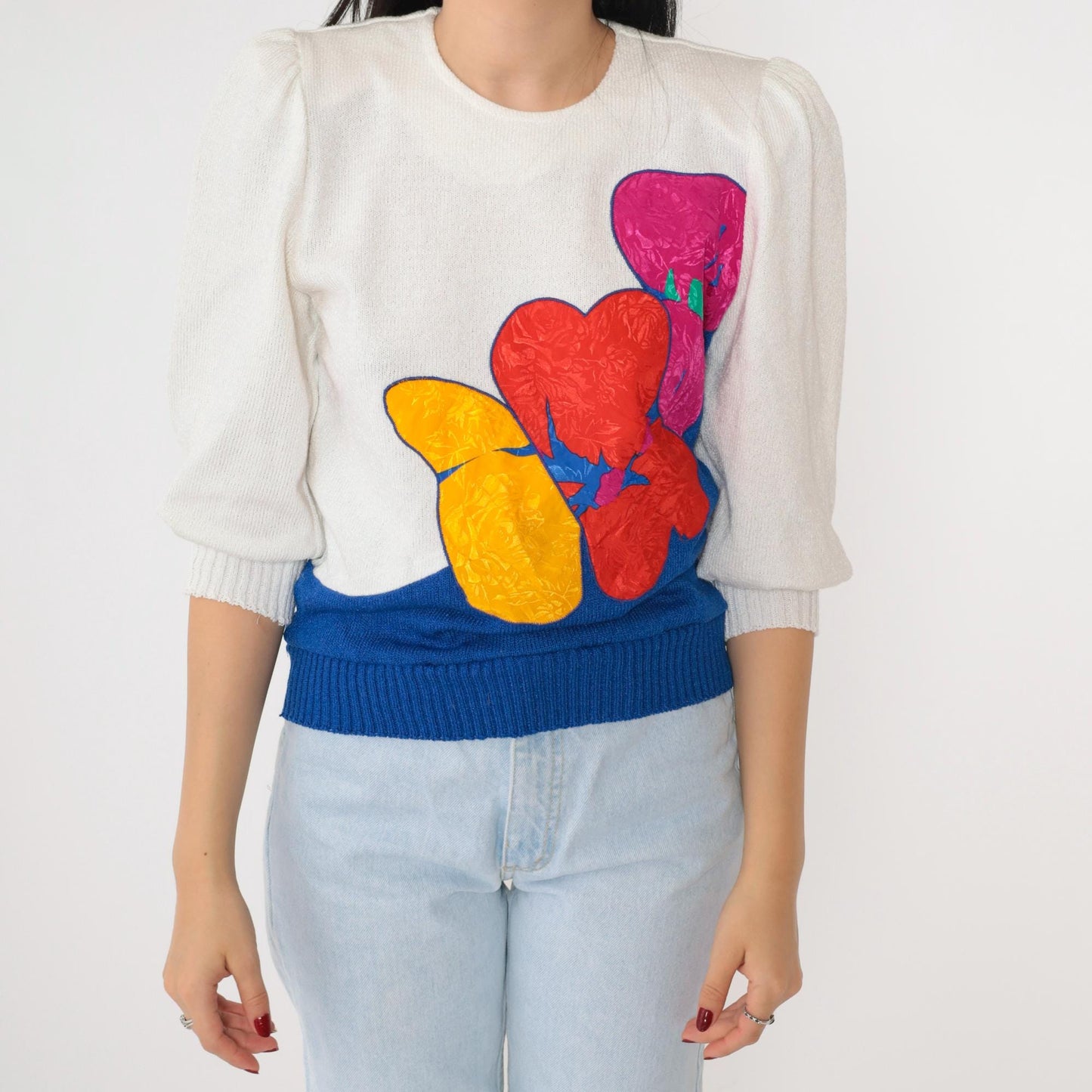 80s White Puff Sleeve Sweater Abstract Floral Embossed Knit Pullover Small