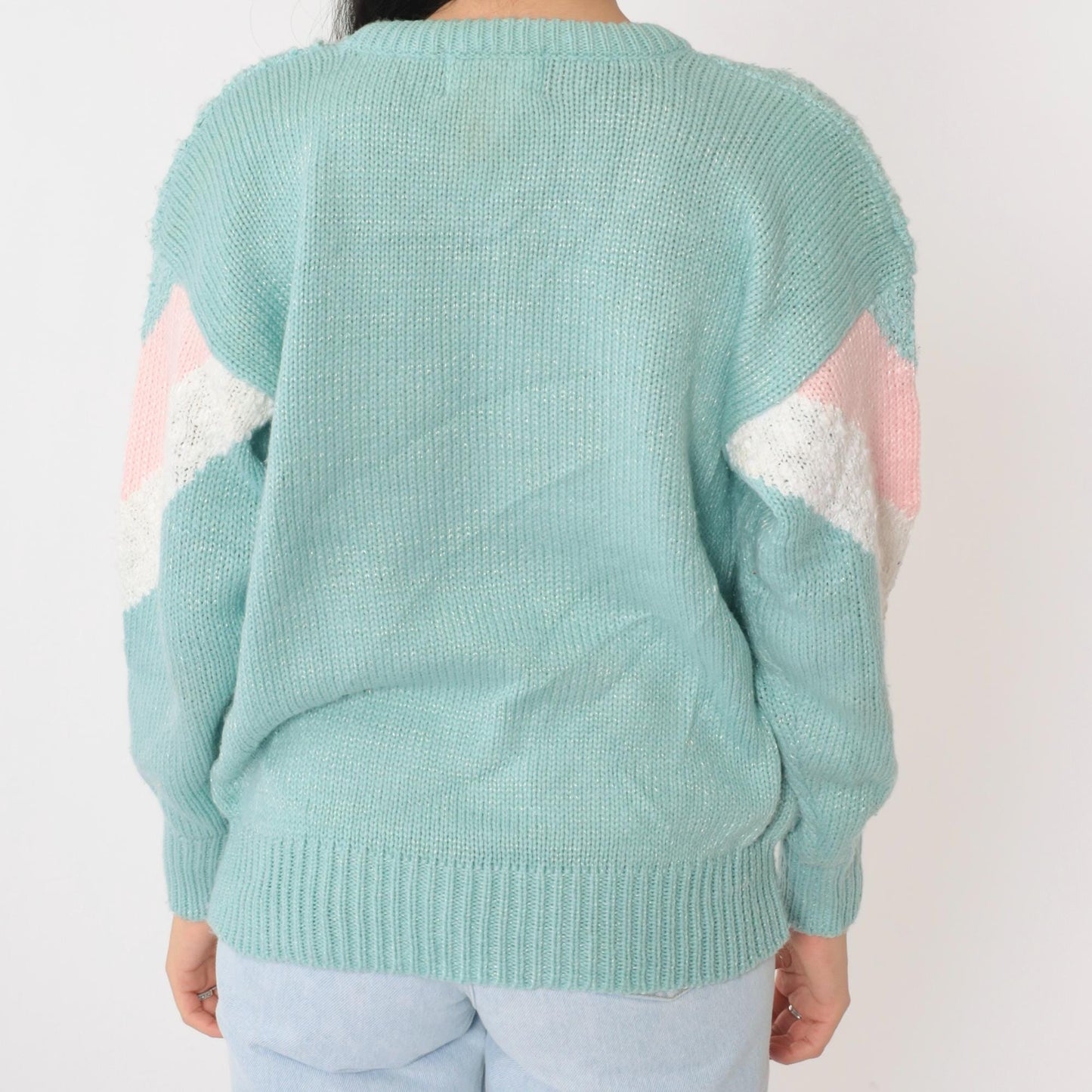 80s Jacelyn Smith Seafoam Knit Sweater Pearl Beaded Floral Chevron Medium
