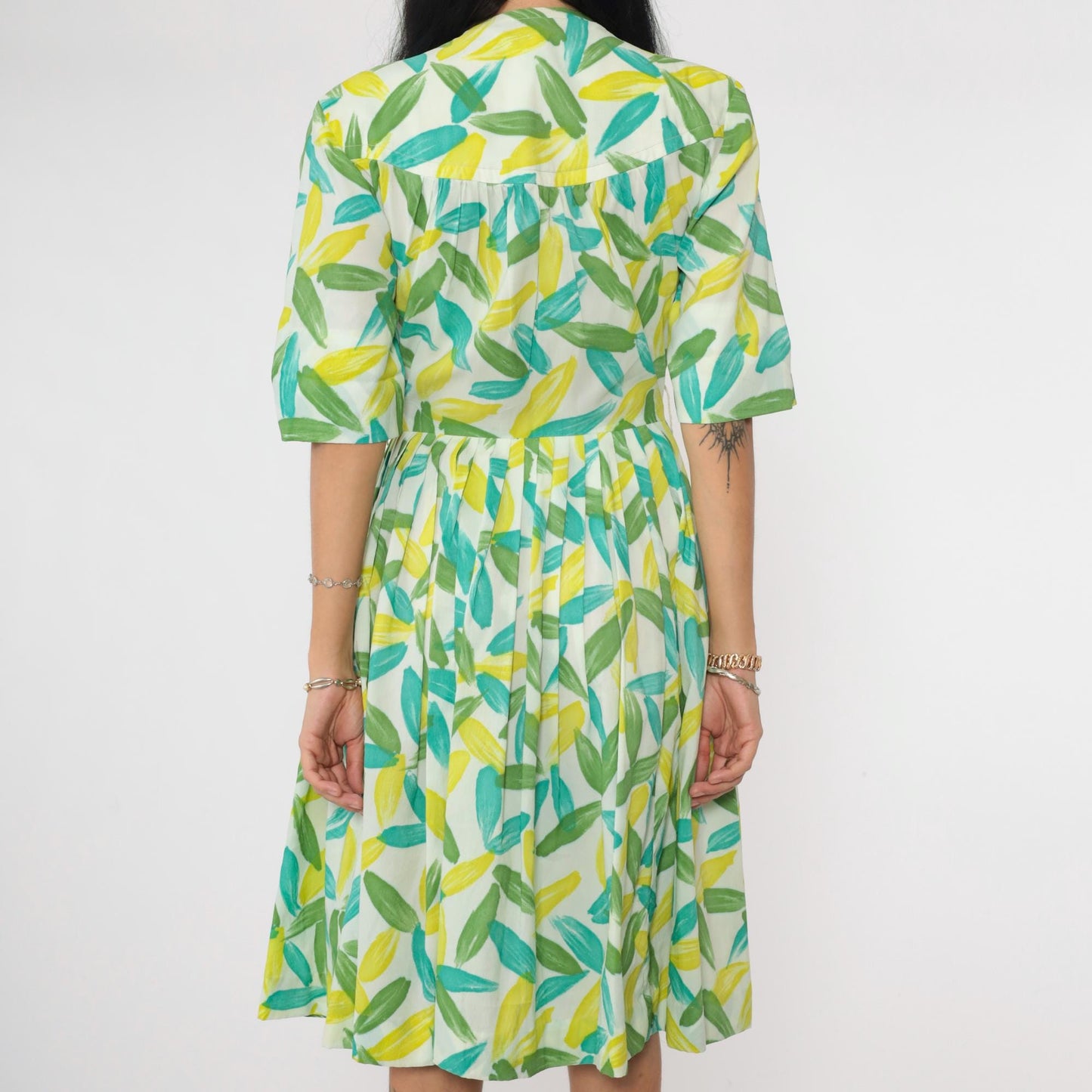 60s Westbury Fashions Shirt Dress Abstract Leaf Print Pleated Midi Blue Green Small