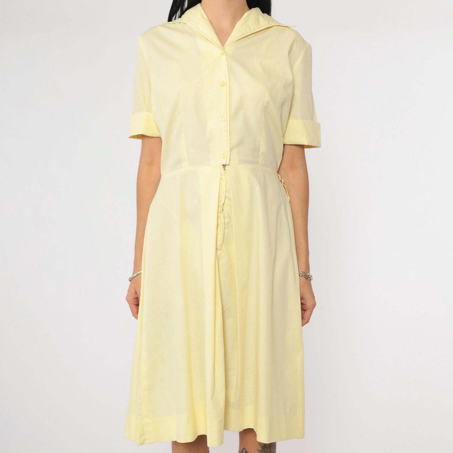 60s Light Yellow Button-Up Shirtdress Midi Collared High Waist Small