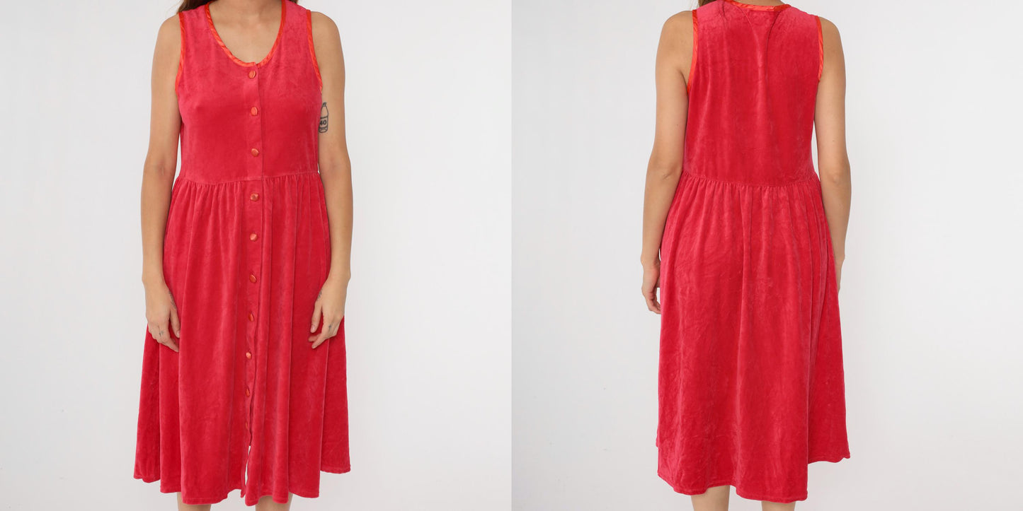 90s Red Velour Button-Up Midi Dress Sleeveless High Waist Medium Petite