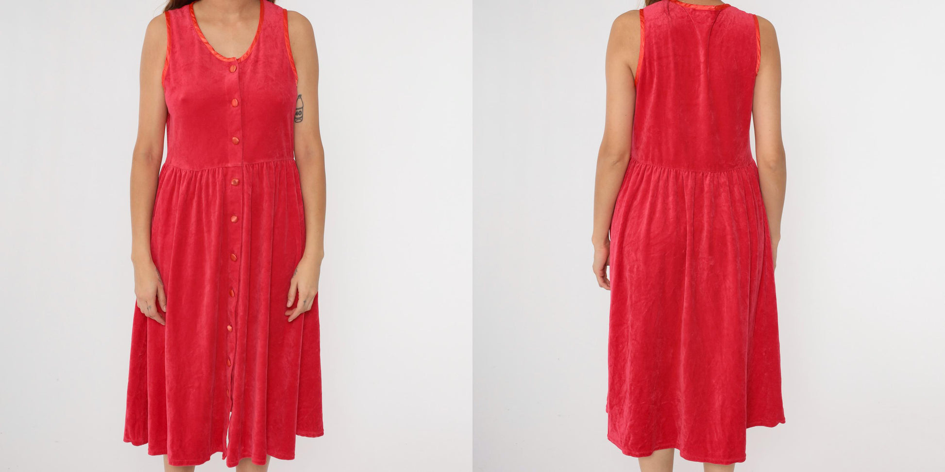 90s Red Velour Button-Up Midi Dress Sleeveless High Waist Medium Petite