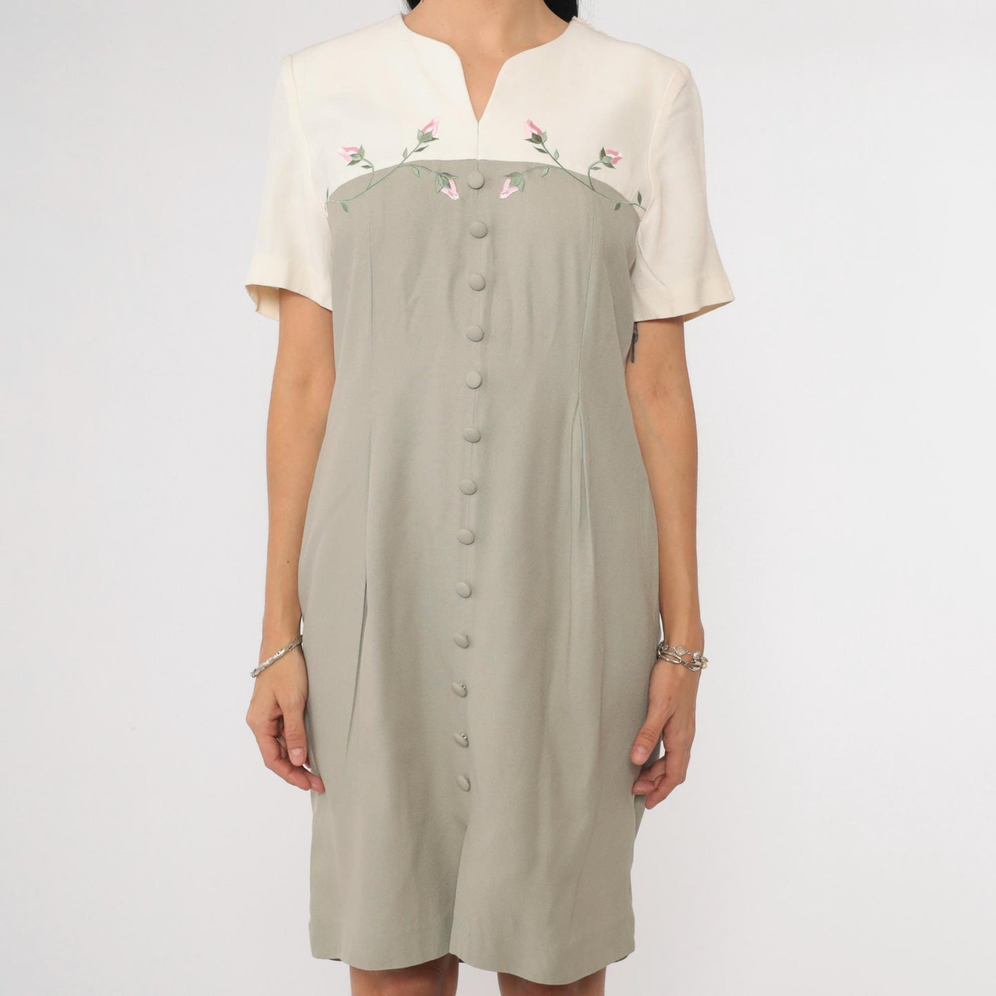 90s S.L. Fashion Petites Sage Floral Embroidered Mini Shirtdress Small