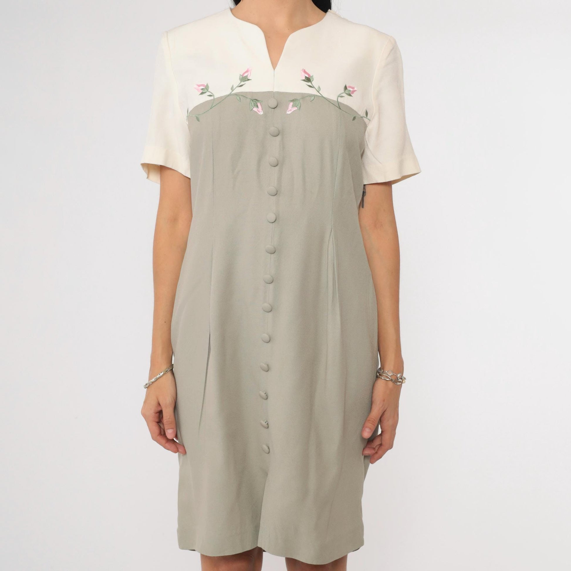 90s S.L. Fashion Petites Sage Floral Embroidered Mini Shirtdress Small