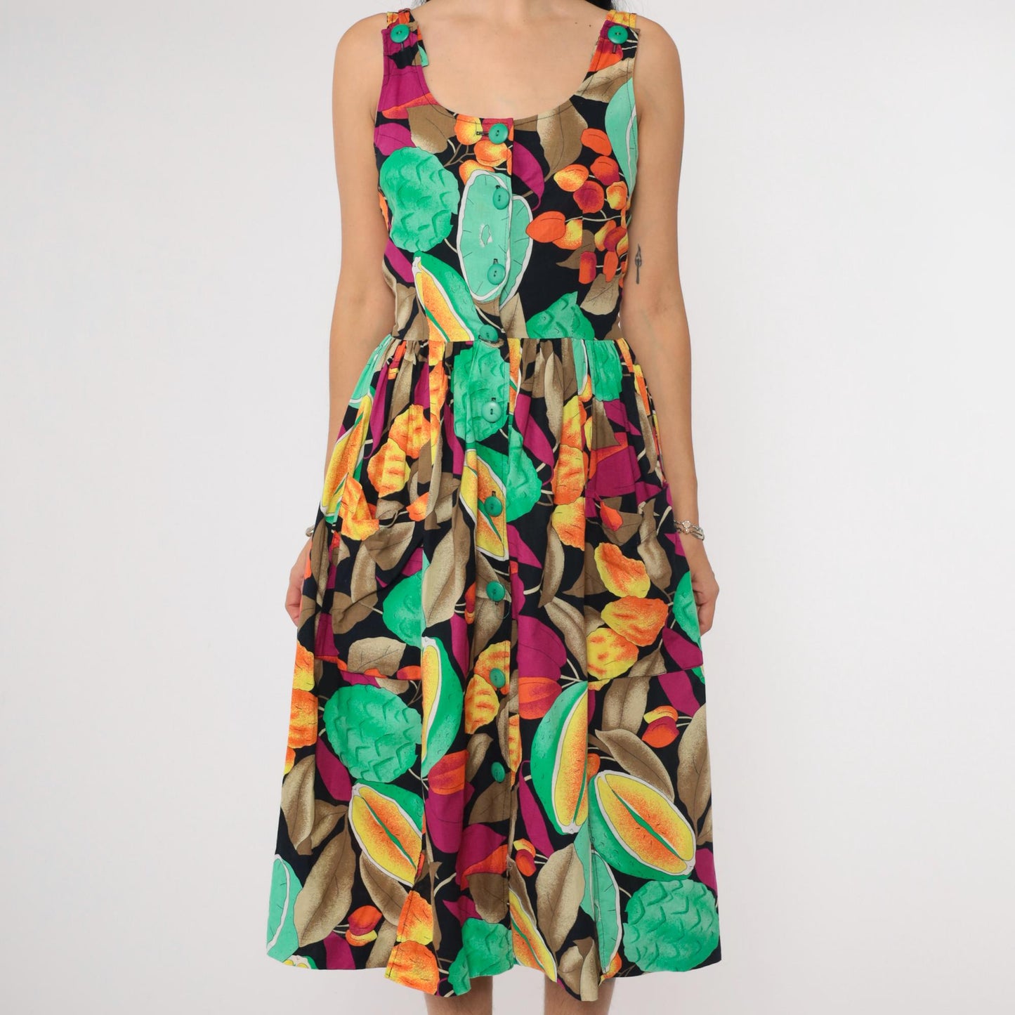 80s Alouette Tropical Fruit Midi Dress Black Button-Up Sleeveless Extra Small