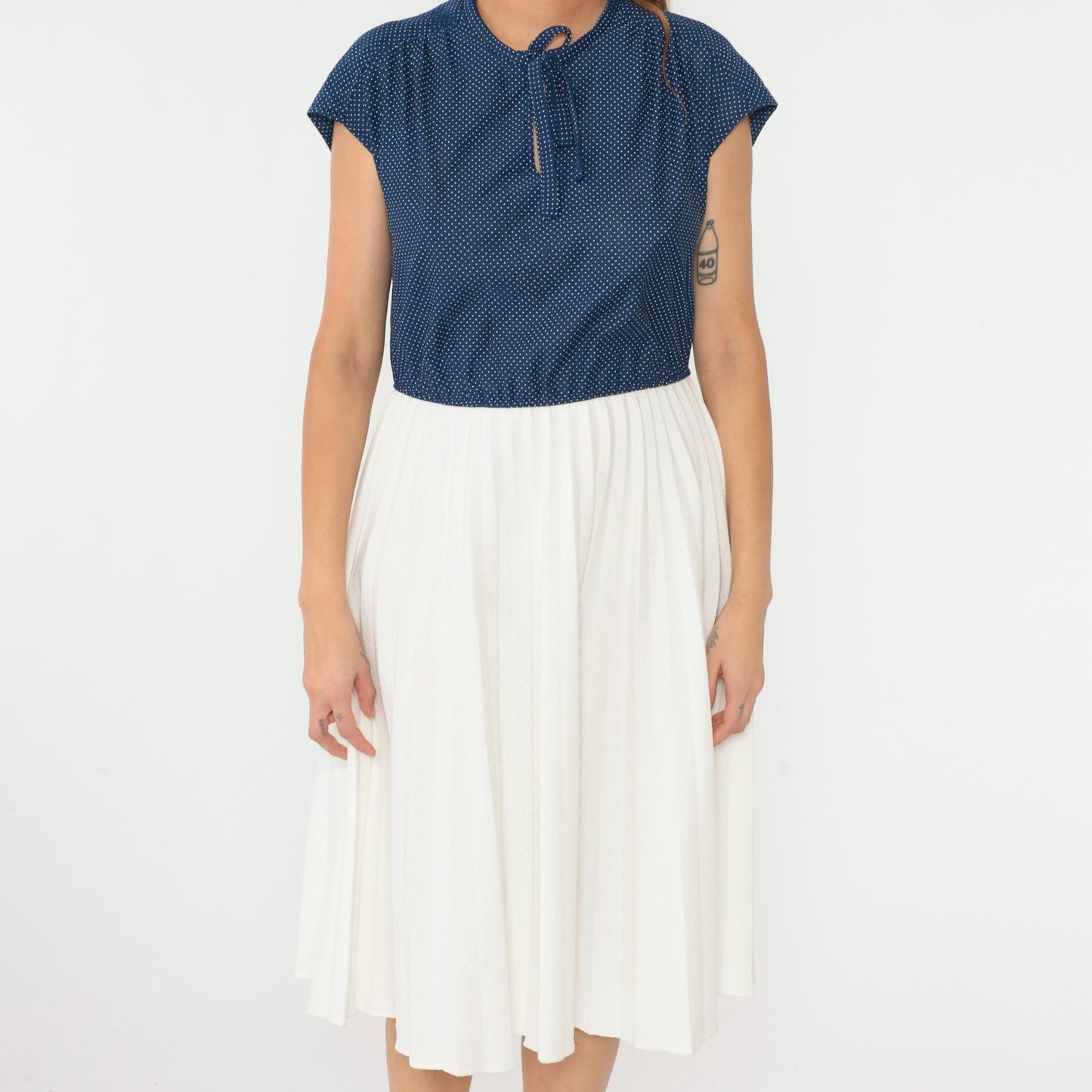 70s Polka Dot Midi Dress Blue White Keyhole Tie Neck High Waisted Medium