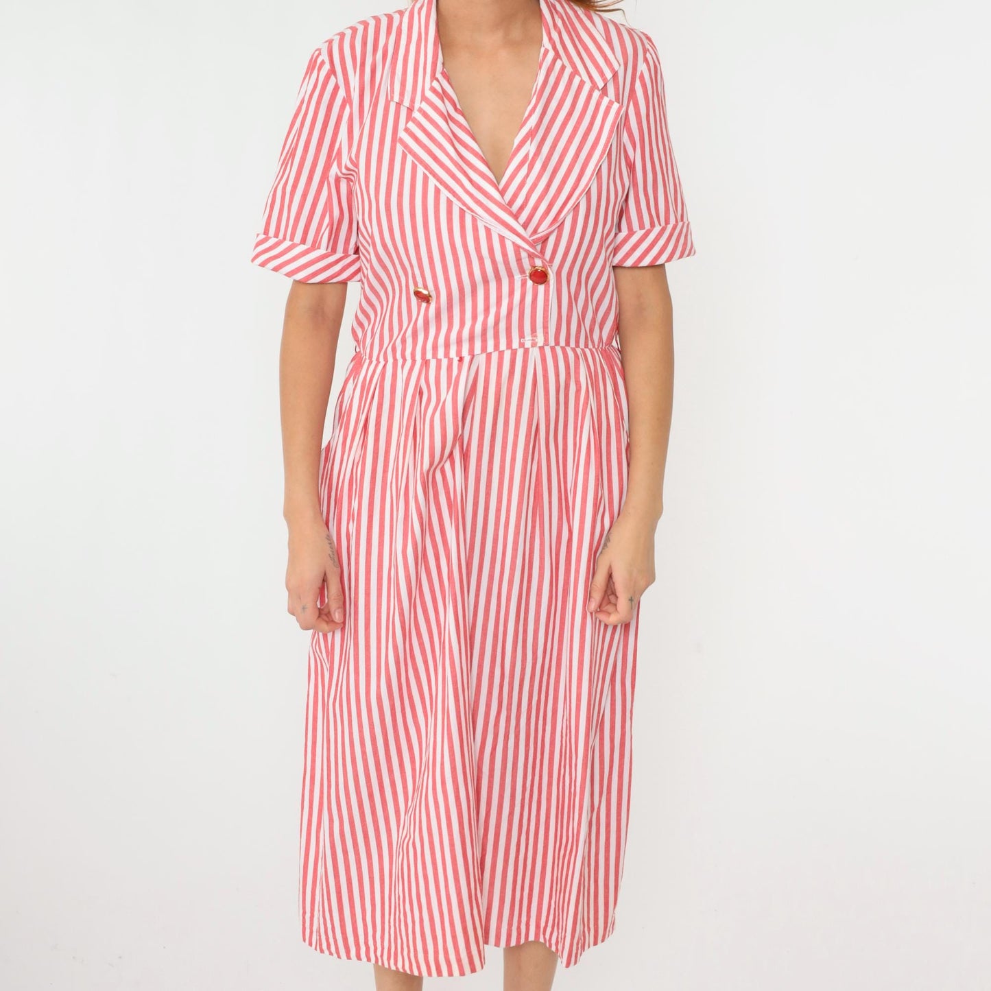 90s Red White Striped Cotton Midi Shirtdress Double Breasted High Waist Small Medium