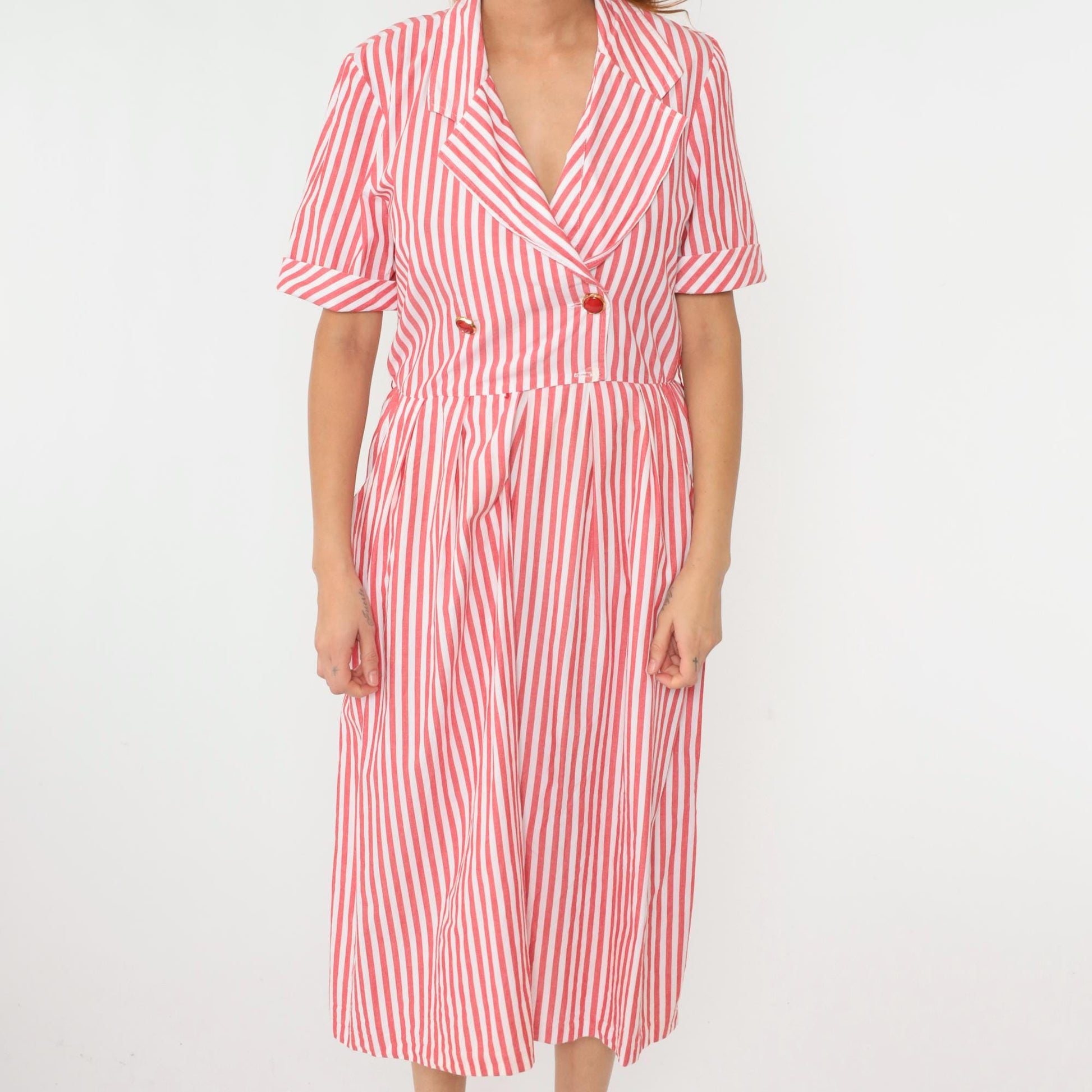 90s Red White Striped Cotton Midi Shirtdress Double Breasted High Waist Small Medium